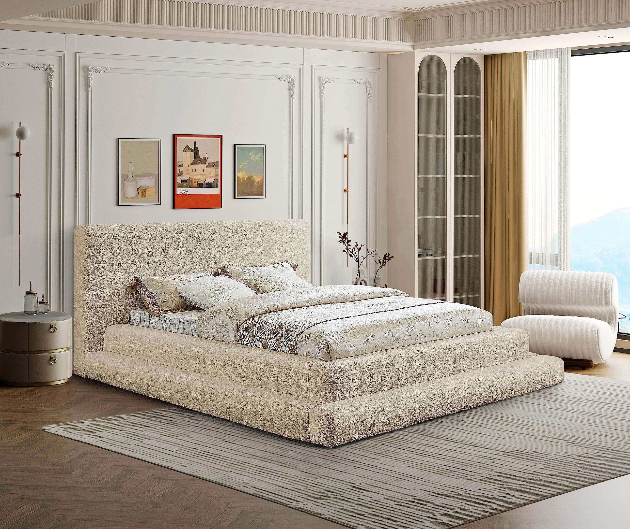 Meridian Furniture DaneBeige-K Dane Collection Modern | Contemporary King Bed, Soft Plush Beige Faux Shearling Teddy Fabric, Top of Slats to Top of Rails 4.5", 103" W x 100" D x 42" H, Beige, King
