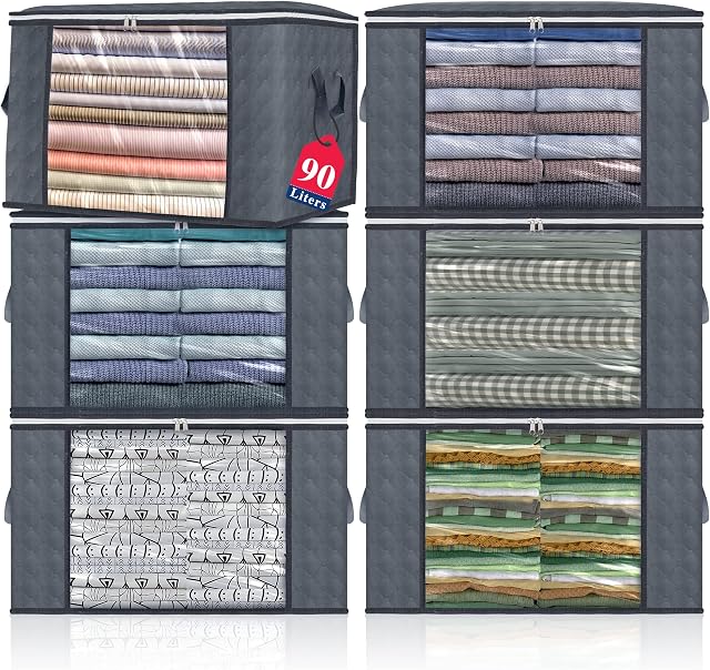 Acrests 90L Clothes Storage Bags 6 Pack Large Organiser Solutions Reinforced Handle Comforter Blankets Clothing Bedding Duvet Boxes Zips Clear Window Thick Breathable Underbed Collapsible Foldable Box