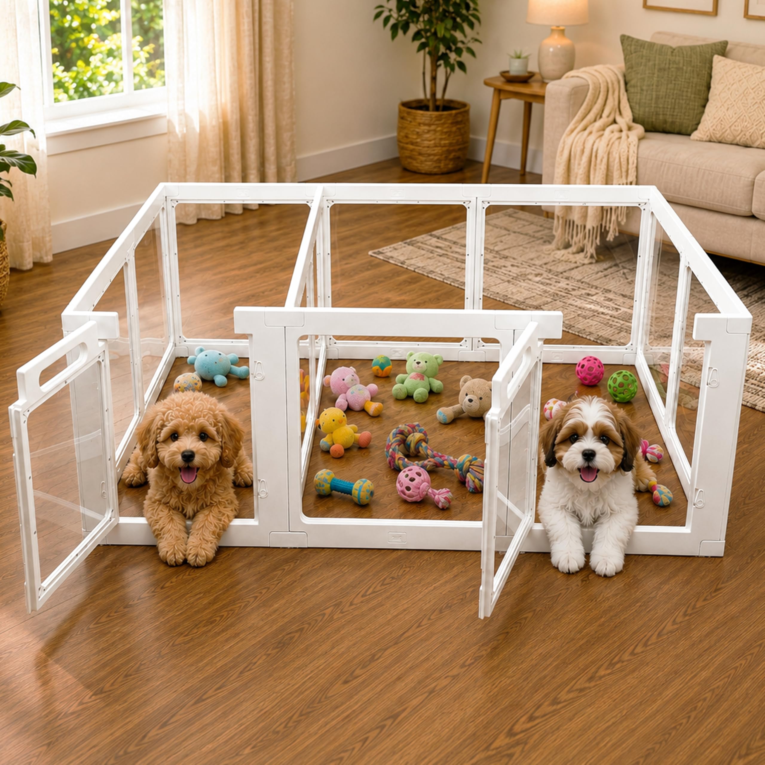 Transparent Indoor Dog Playpen with Safety Lock, Indoor Dog Fence for Small &amp; Medium Pets | Secure, Stylish, Easy Clean Play Pen for Dogs &amp; Pets with Scratch Resistant Panels (24''H,White, 12 Panels)