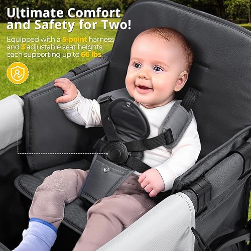 Miniatura 4 de Cochecito de bebé de doble plaza con toldo, cochecito de empuje con asa ajustable, cochecito para 2 niños y aventuras al aire libre (gris oscuro)
