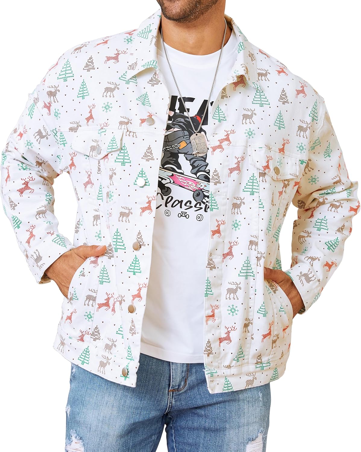 Bindefon Christmas Jean Jacket Men Trucker Unlined Coats Xmas Printed Tops Stocking Stuffers for Man