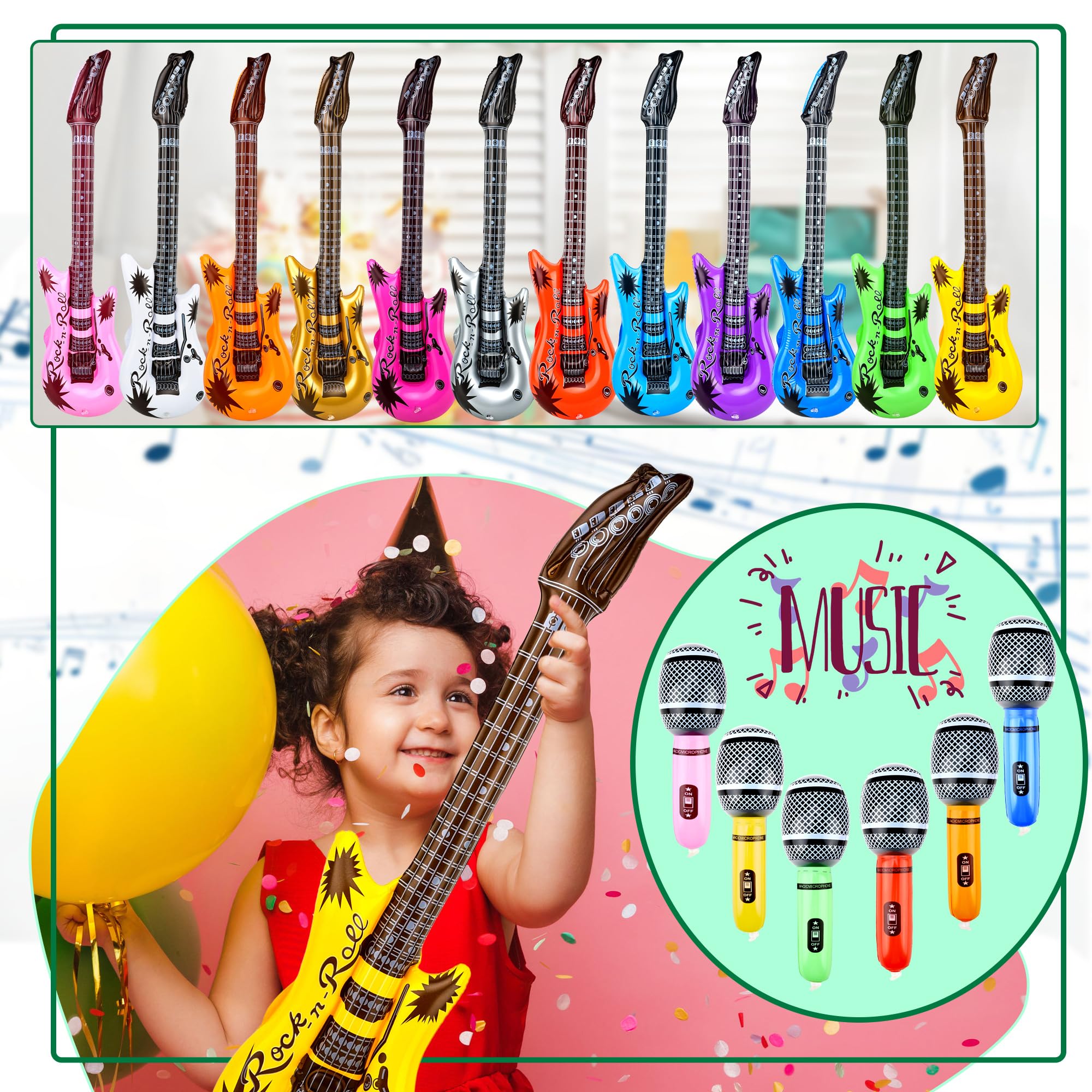 30 Pack Inflatable Rock Star Toy Set include 14 Pcs Inflatable Guitar Bulks 14 Pcs Blow up Microphone and 2 Pcs Red Air Pump for 80s 90s Musical Party Favors - Image 3