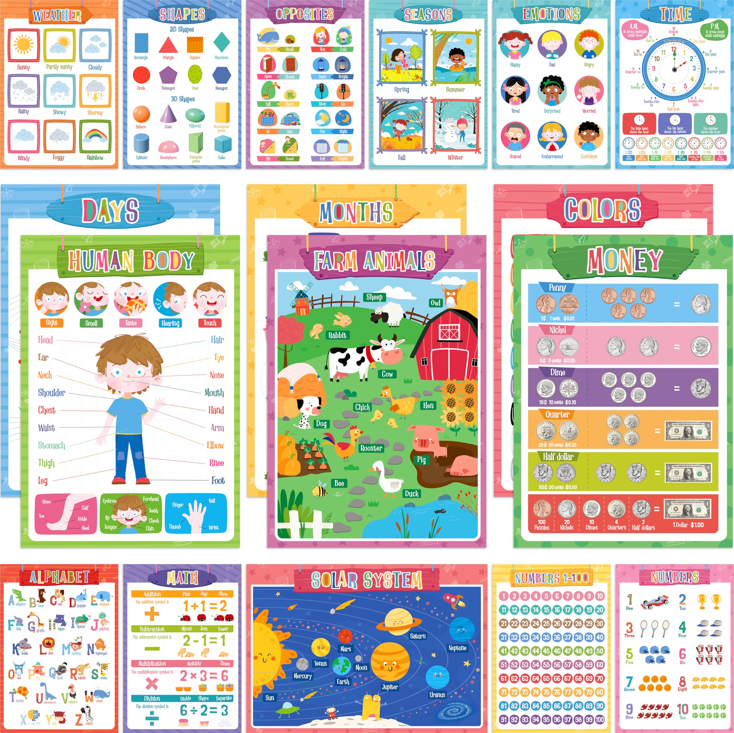 17 Educational Posters for Kids, All-in-One Set Learning Posters-Alphabet, Animals, Numbers, Colors, USA &amp; World Map, Shapes, PET Film Coated School Supplies For Kindergarten, Preschool, Classroom