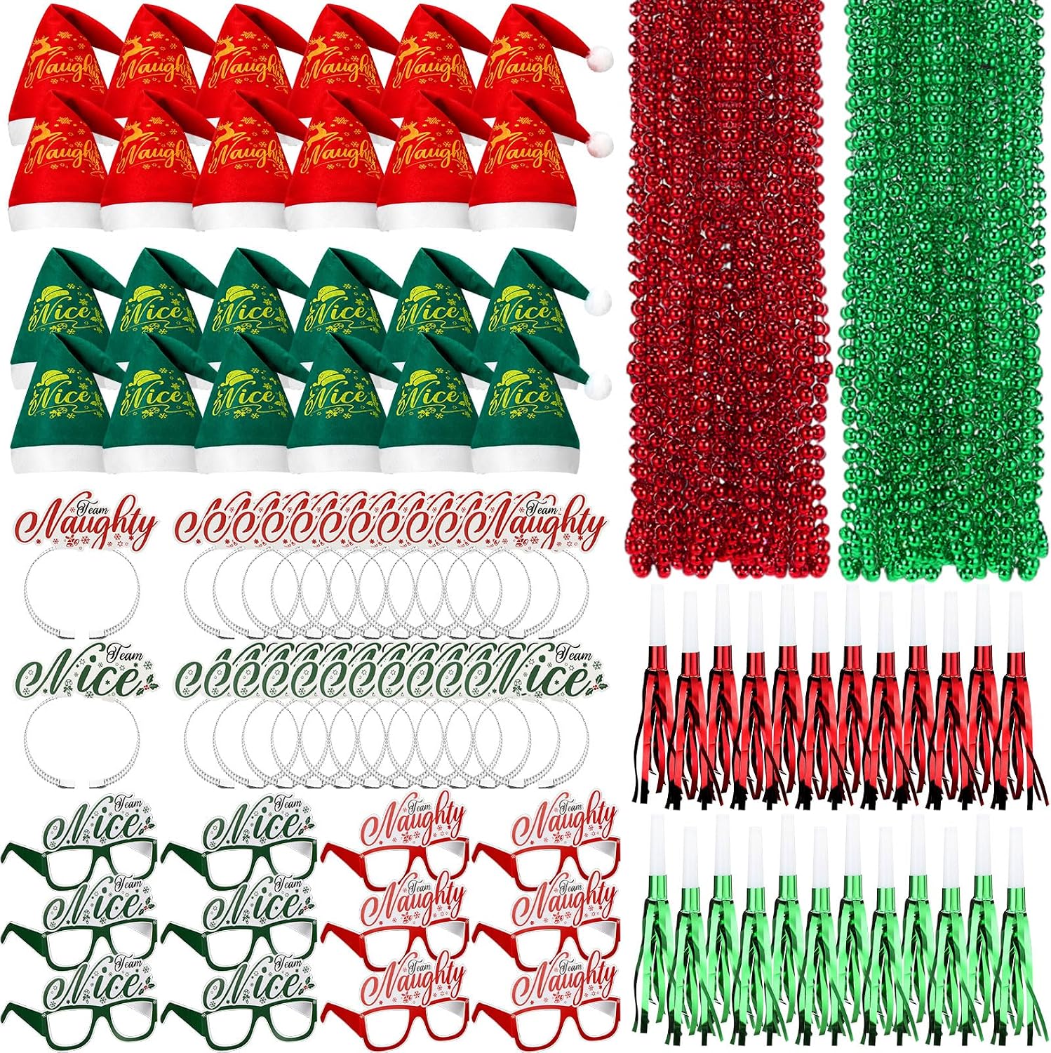 HyDren 120 Pcs Naughty and Nice Christmas Santa Hats Xmas Glasses Eyeglasses Red and Green Hats Bead Necklace Paper Christmas Headbands Fringed Noise Makers for Xmas Party Holiday Supplies