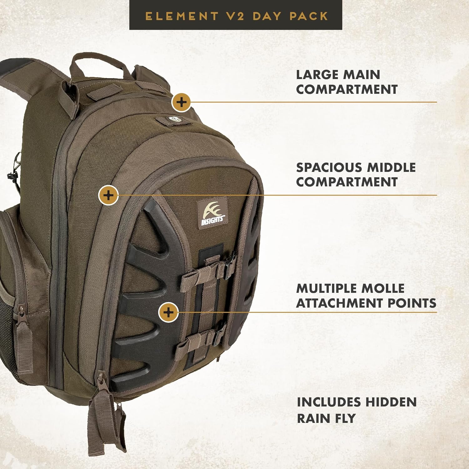 Insights Hunting by frogg toggs- The V2 Element, Heavy Duty 1,831 Cubic Inch Hiking Fishing Camping Hunting Backpack, Solid Elements Dark Brown