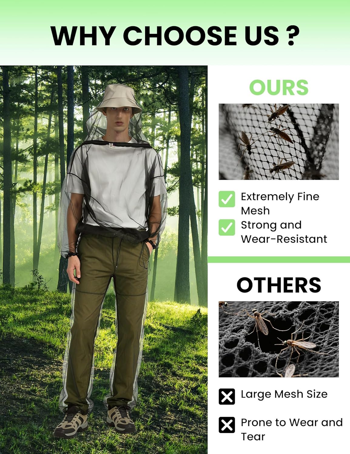 HENNCHEE Mosquito Suits for Adult, Mesh Net Bug Hooded Jacket Pant, Outdoor Full Body Protection Mosquito Proof Clothing