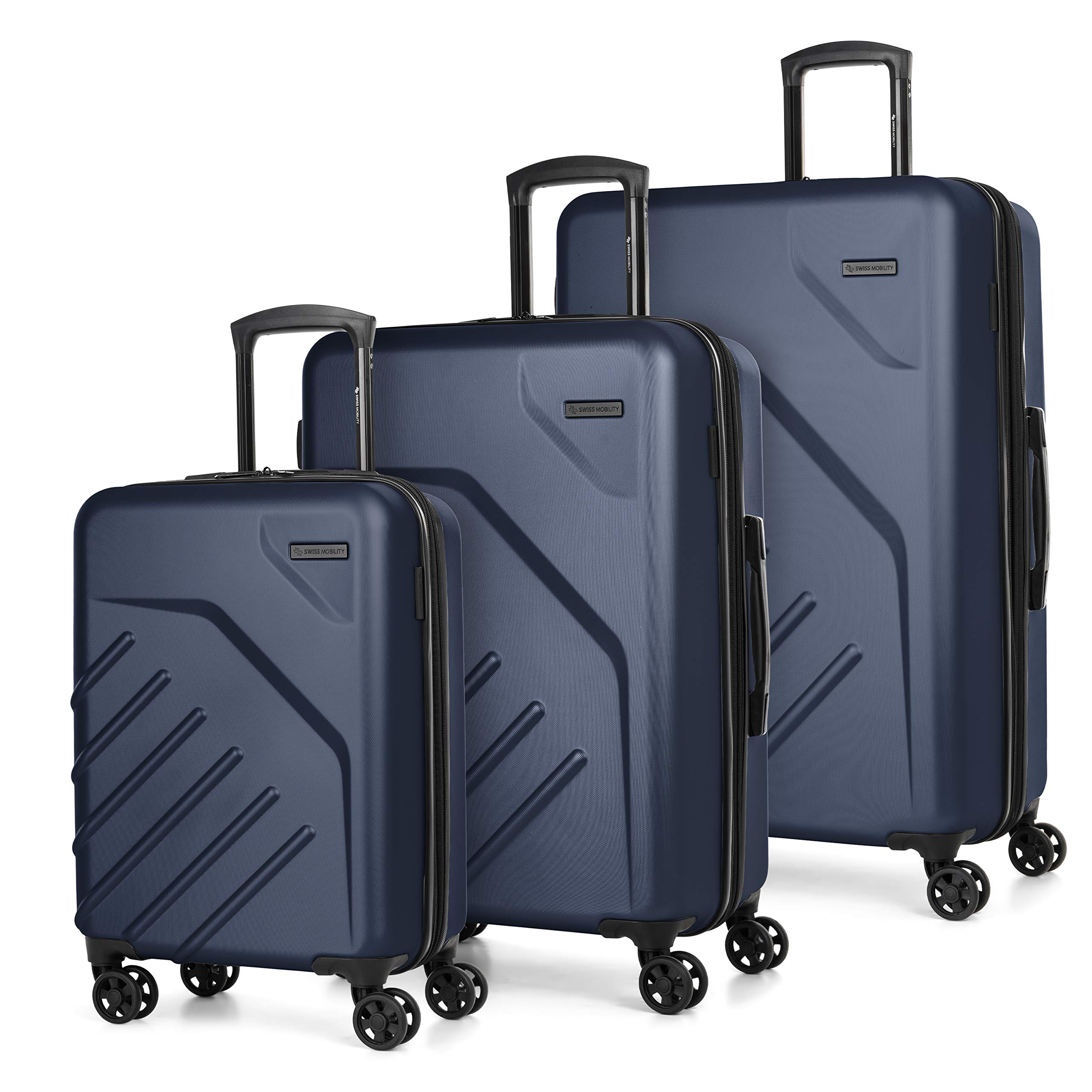 SWISS MOBILITYLGA Collection 3 Piece Hard Shell Luggage Set, Expandable Suitcases with 360-Degree Spinner Wheels, Retractable Handle, 20 Inch Carry On, 24 Inch Mid-size, 28 Inch Large Bags, Navy