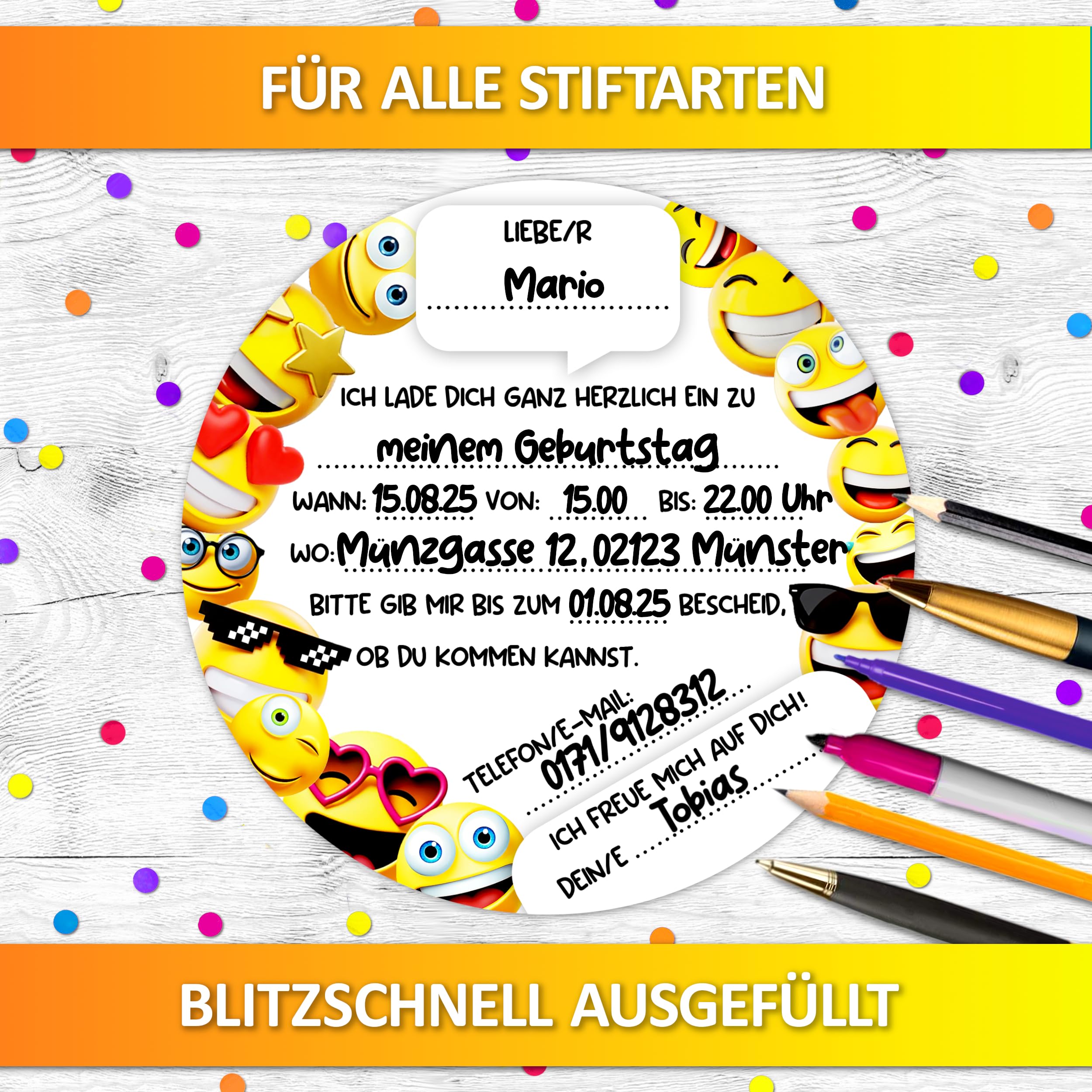12 Smiley uitnodigingskaarten voor kinderverjaardag | het origineel met 15 cm en 400 g/m² stabiel papier | ronde uitnodiging voor jongens en meisjes (12 uitnodigingen zonder envelop 12 Smiley uitnodigingskaarten voor kinderverjaardag | het origineel met 15 cm en 400 g/m² stabiel papier | ronde uitnodiging voor jongens en meisjes (12 uitnodigingen zonder envelop