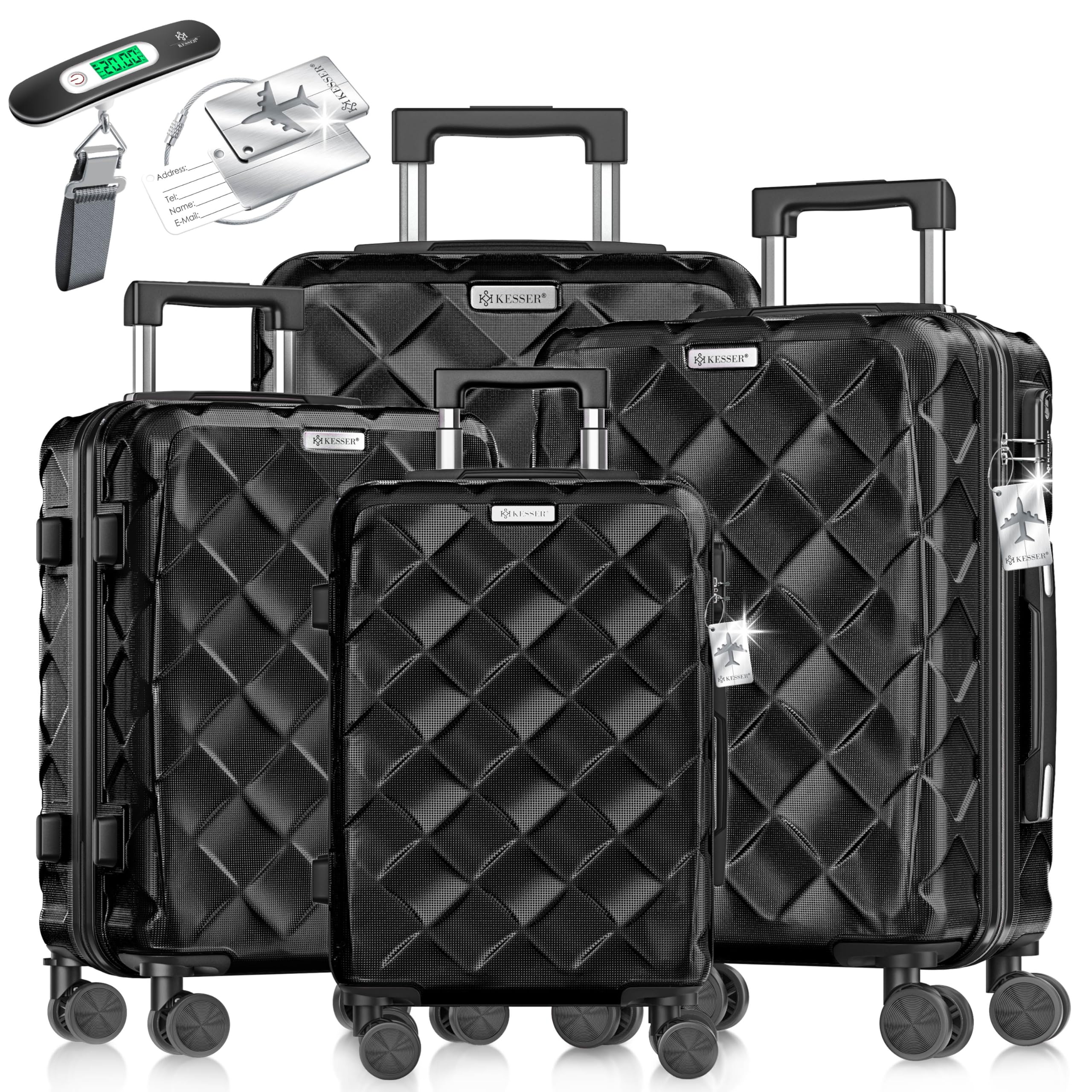 KESSER® Reisekoffer Set 4-teilig | Kofferset ABS Hartschalenkoffer mit Zahlenschloss, Kofferwaage & Reisebrieftasche 360° Rollen | Handgepäck & große Koffer für Business & Reise Trolley Schwarz