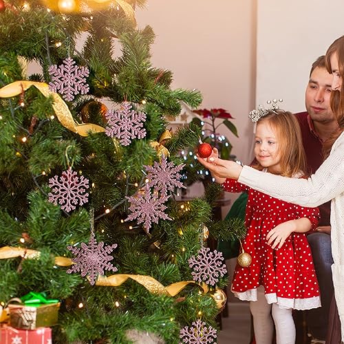 Miniatura 4 de Joiedomi 36 adornos de copos de nieve con purpurina rosa para árbol de Navidad, adornos colgantes de copos de nieve de plástico para Navidad,
