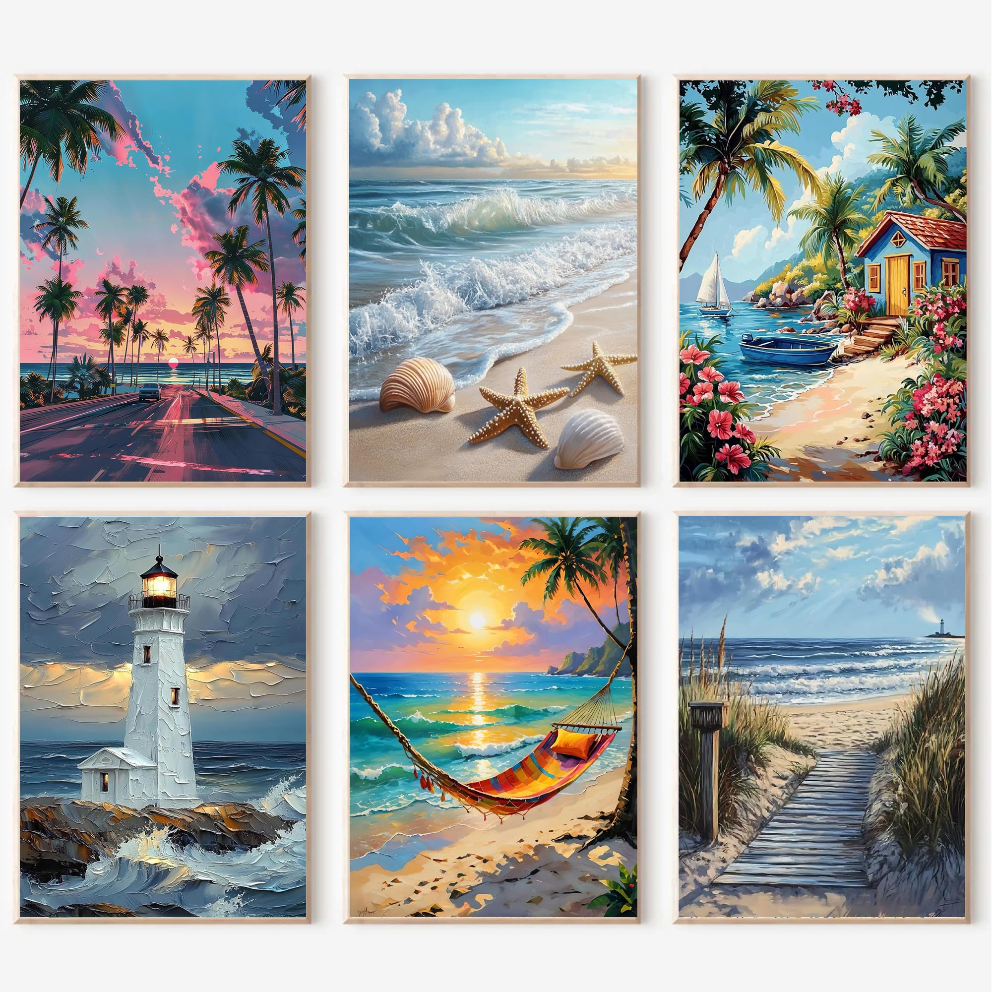 6Packs Beach Paint by Numbers Kit for Adults,Beach Adult Paint by Number Kits on Canvas, DIY Acrylic Oil Painting by Number Kits for Adults 9.8x13.8inch