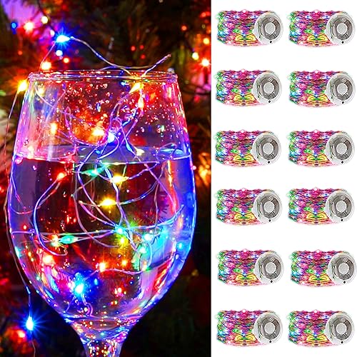 Guirnalda de luces multicolor de Navidad parpadeantes, funciona con pilas, 3 modos, 20 LED, 12 paquetes de luces de luciérnaga estrellada de alambre