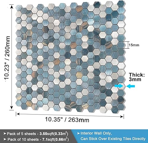 Miniatura 6 de BeNice Azulejos de mosaico de cocina para despegar y pegar, calcomanías de metal pequeñas hexagonales (10 unidades, rayas azules)