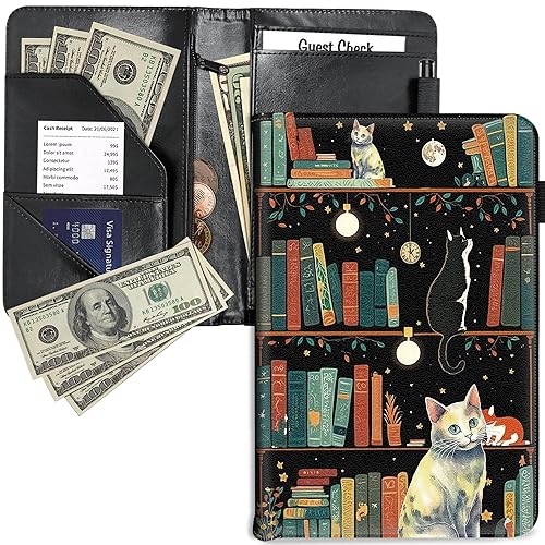 RYUITHDJP Libreta para mesera, libros de camarera con bolsillo con cremallera, diseño de gato, organizador de libros de servicio, restaurante,