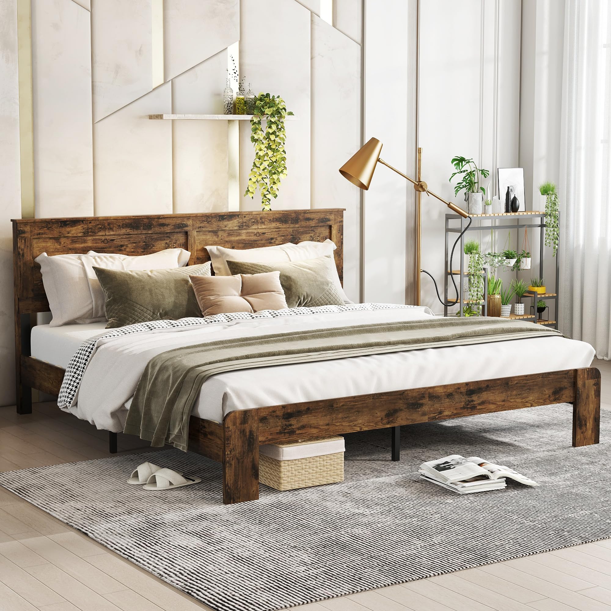 Bellemave Rustic Vintage King Size Bed Frame with Headboard,Wooden Platform Bed Frame King Size with Wood Slats,Easy Assembly,Dark Brown