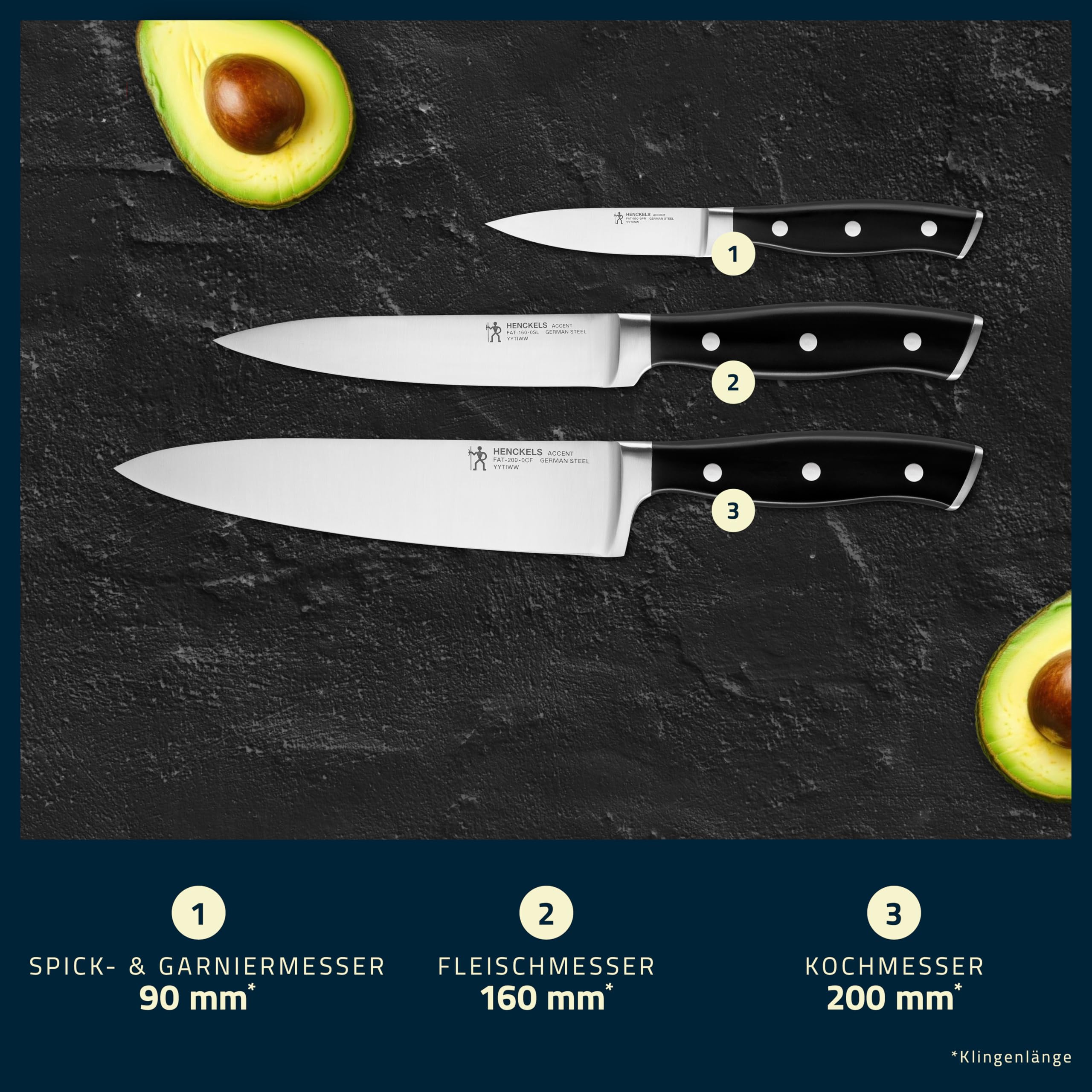 HENCKELS Accent Messerset 3-tlg, Spick-, Fleisch- und Kochmesser | Schwarz mit Nieten