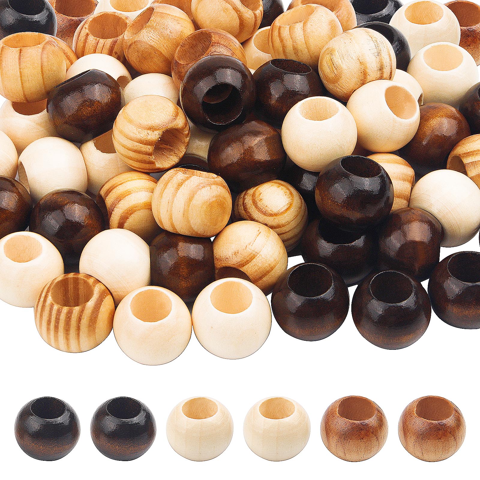 Whakano Set di 100 perline di legno naturali rotonde colorate per macramè, grandi sfere di legno con foro, perline di legno da infilare, per braccialetti fai da te, gioielli, portachiavi, colore nero
