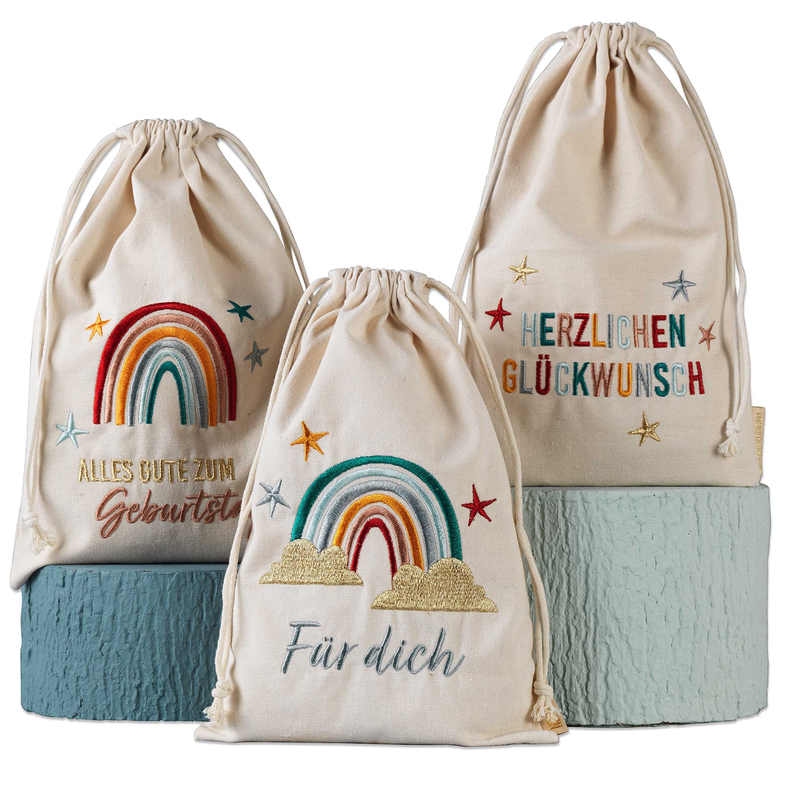 Geschenksäckchen zum Geburtstag - Regenbogen - aus Baumwolle - wunderschön und hochwertig bestickt - ideal zum Verpacken von Geschenken - mit Zugband