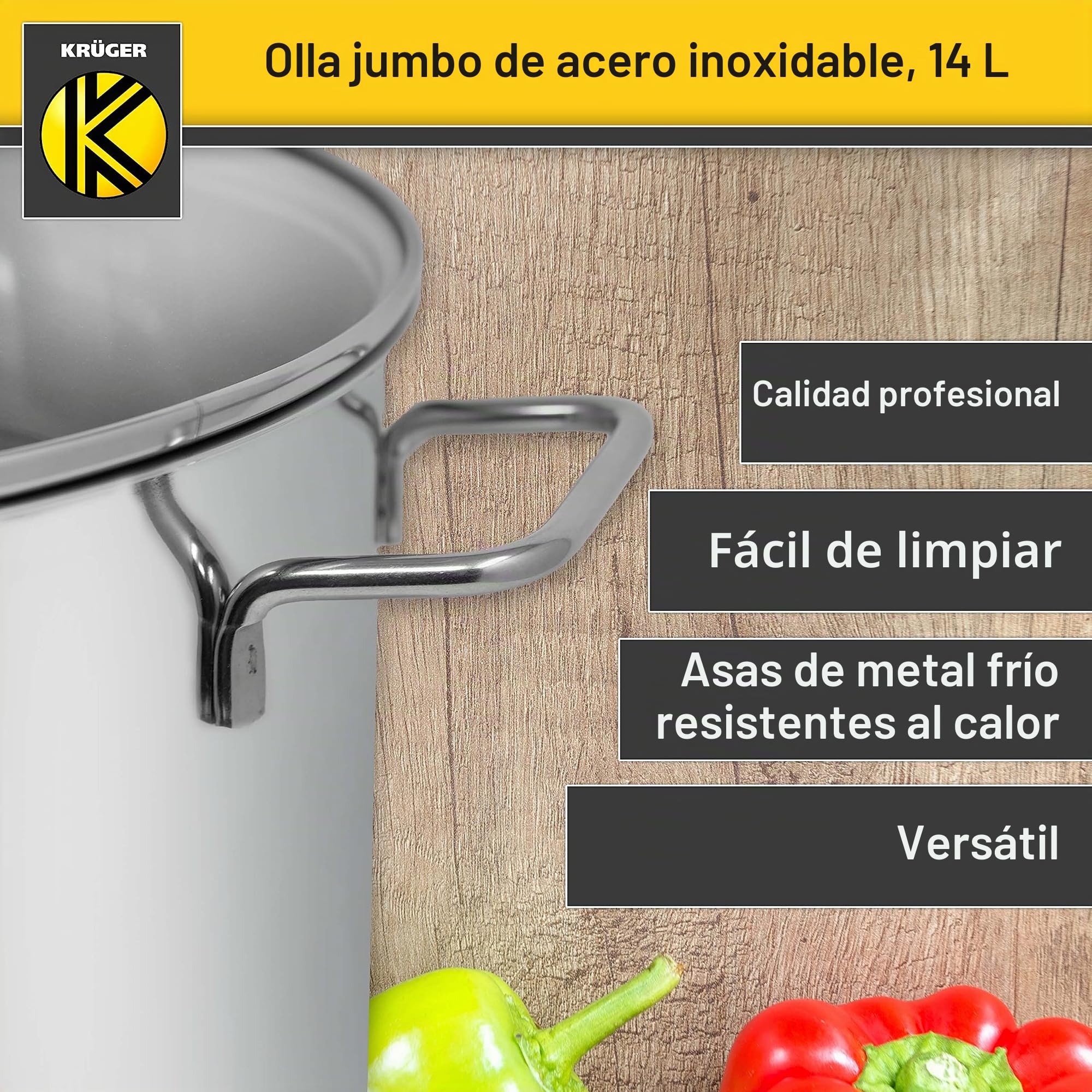 Krüger Olla grande de acero inoxidable con tapa para cocinar a la vista, base de cápsula de bajo consumo y asas de metal frío, ideal para fiestas, fiestas y uso diario (14 litros)