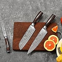Vista 2 de Professional Kitchen Chef Knife sets, Razor Sharp Premium High Carbon German Steel 3 pcs Knife Set, Ergonomic Forged Pakkawood Handle, Chef, Santoku