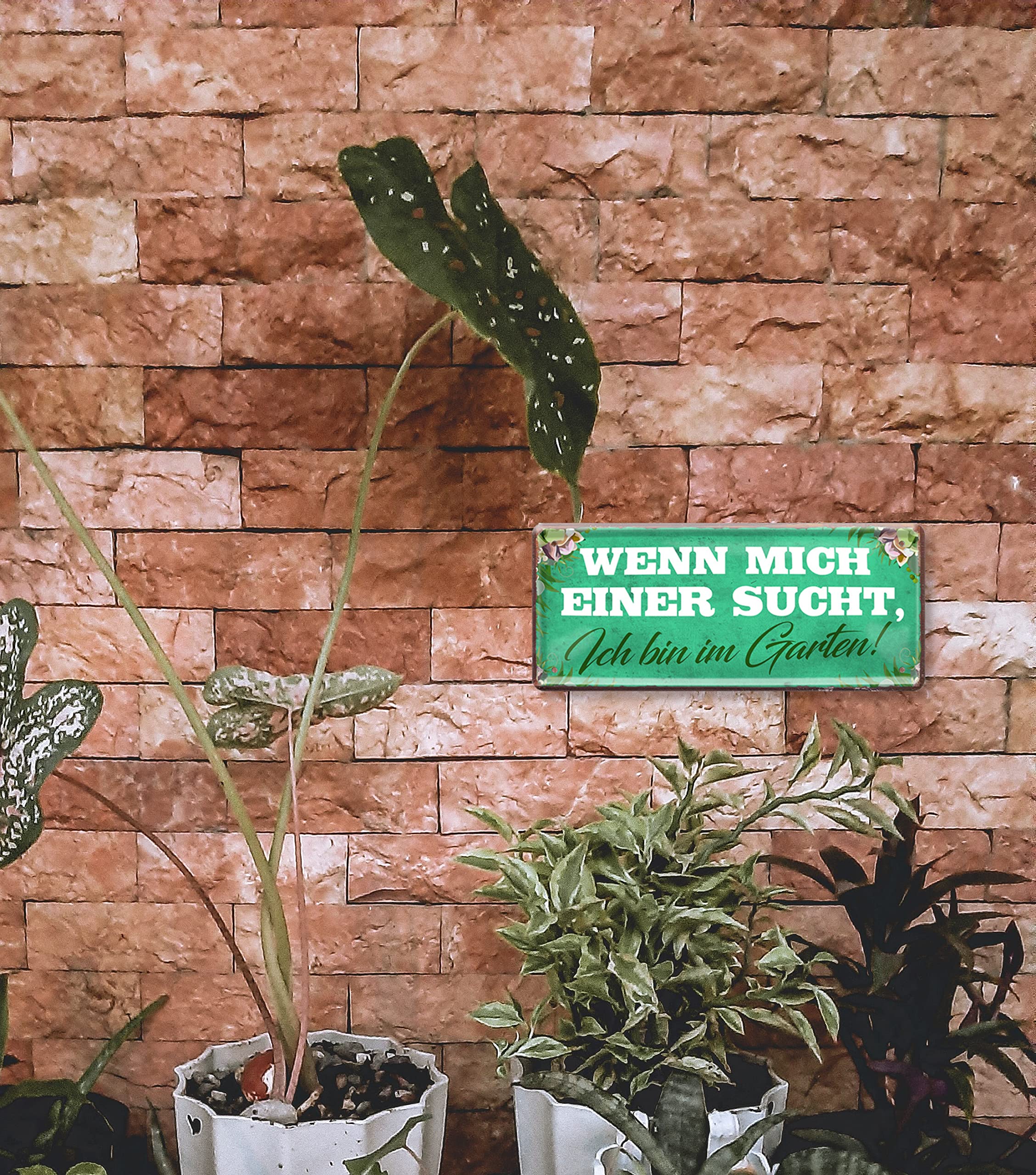 Panneau Métal Humoristique Allemand - 28x12 Cm - "Wenn Mich Einer Sucht, Bin Im Garten" - Rahmenlos