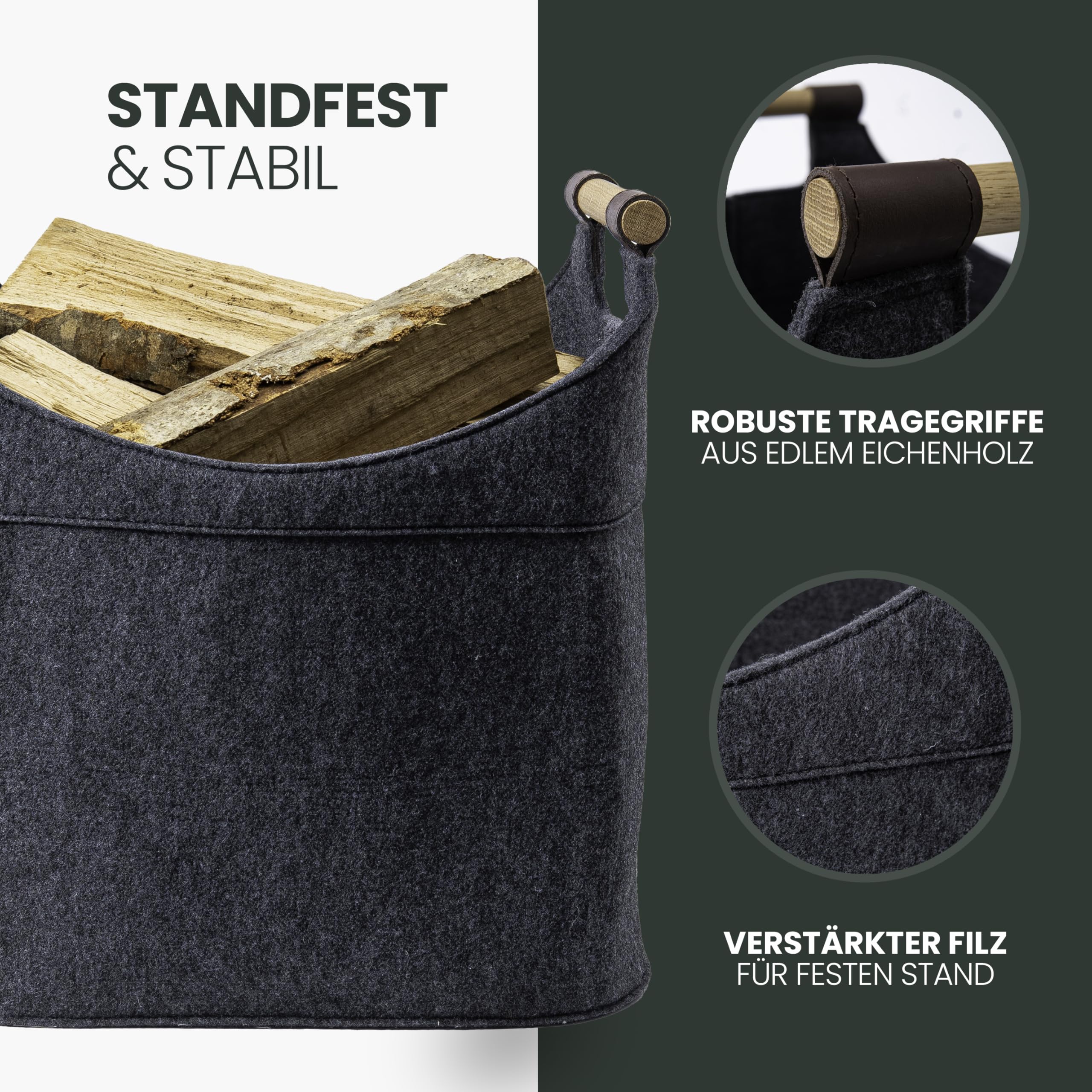 Cesto in feltro per legna da ardere grande [70 L] con manici in vero legno (quercia) e fondo in pelle, prodotto in Germania, cestino per legna da ardere XXL, in feltro riciclato Easy and Green (grigio