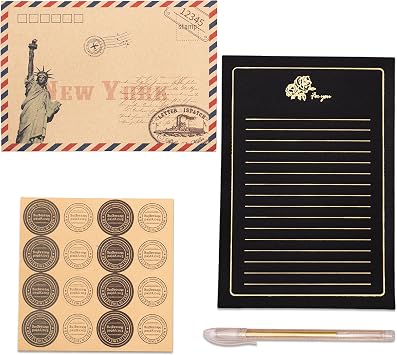 Classic-Inspired Kraft Airmail Stationery Set - 8 Envelopes 12.5x17.5cm, 10 Black A5 Sheets with Gold Foil Rose, 16 Sealing Stickers 2.6cm, 1 Gold Pen Kraft paper envelope set