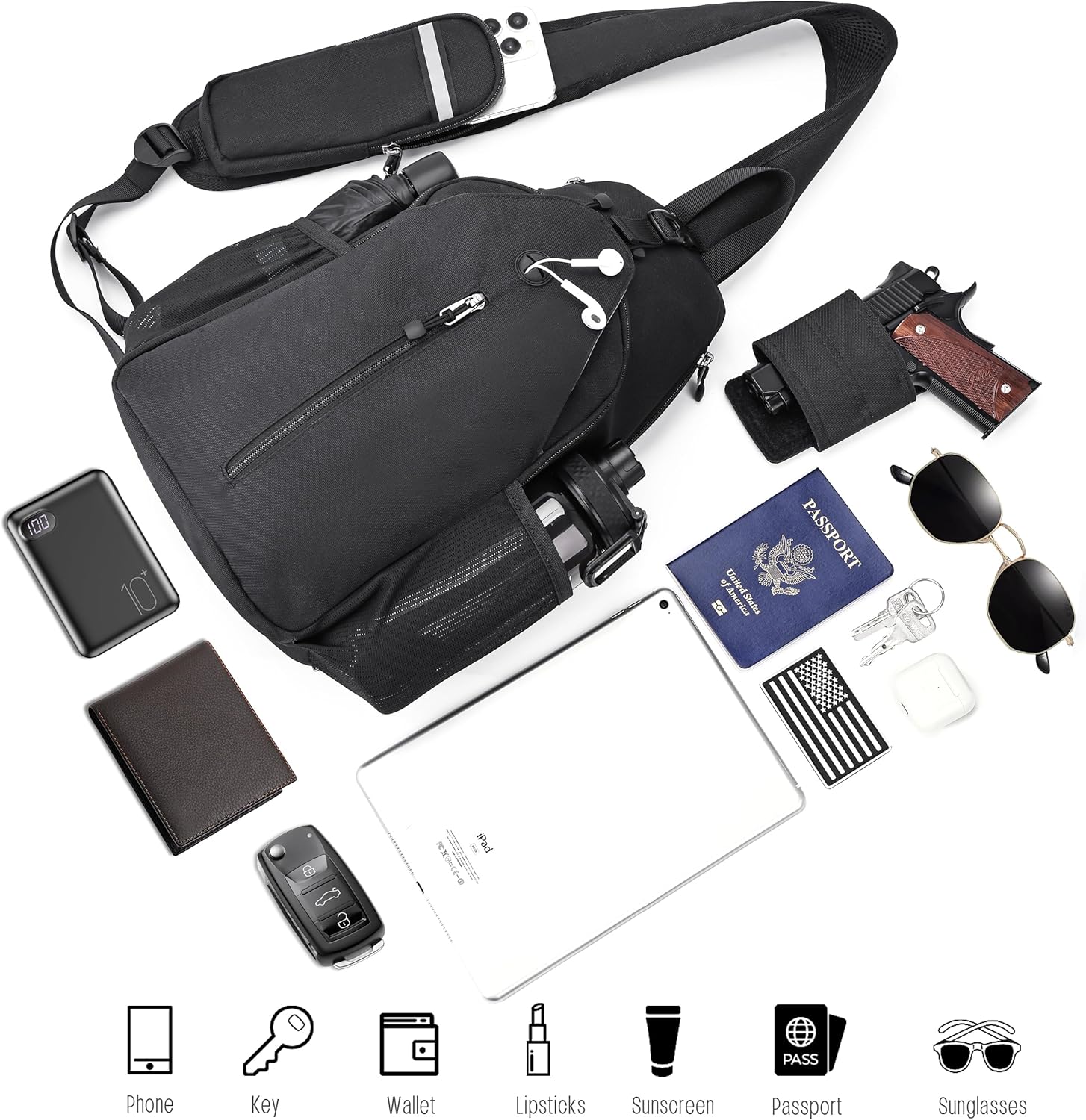 DEYACE Concealed Carry Bag for Men, YKK Zippers Large Crossbody Sling Backpack edc Bag with Gun Holsters, Travel Hiking Chest Pack Daypack