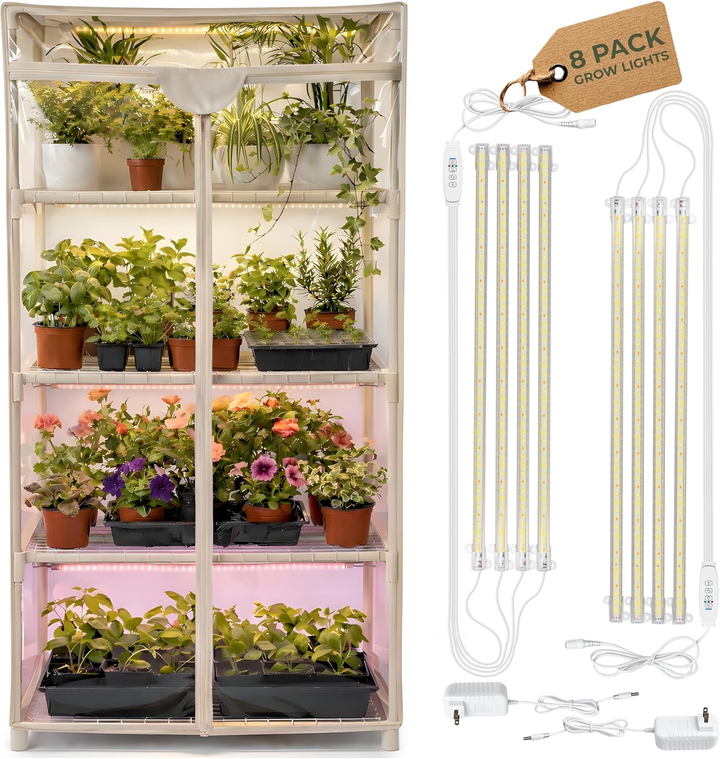 Carpathen Indoor Greenhouse with Grow Lights - 4 Tiers 27.2"L x 19.3"W x 54"H with 8 Dimmable 15W Full Spectrum LED Light Strips and Spectrum Control - Mini Greenhouse with Waterproof Zipped PVC Cover