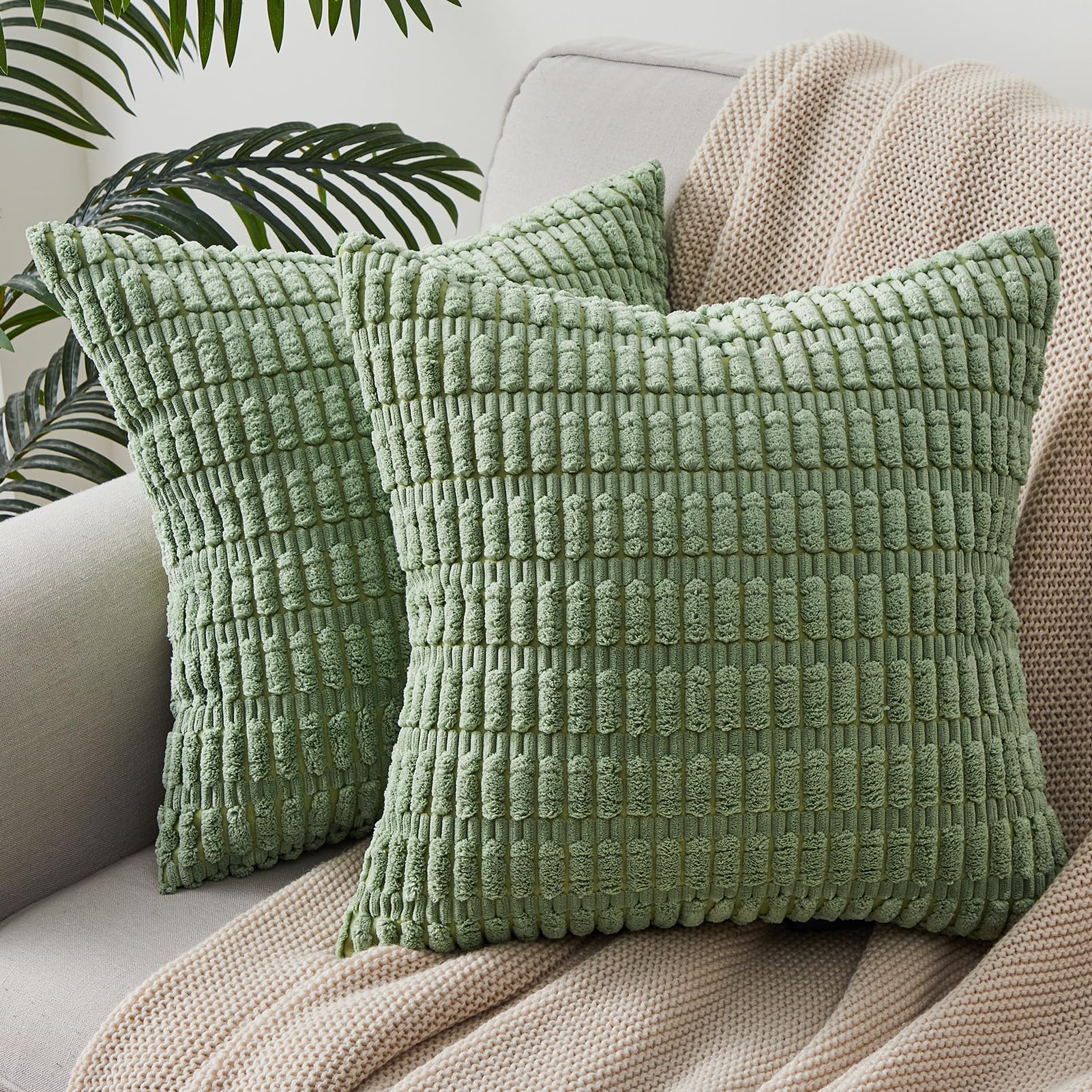 Topfinel Sage green Cushion Covers 40cm x 40cm,Corduroy Decorative Fluffy Pillows Cases,Cushions Cover 16x16 inches with Invisible Zipper for Sofa Bed Livingroom Bedroom,Pack of 2