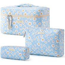 HBselect Quilted Makeup Bag, 3Pcs Cotton Large Travel Makeup Bags Organizer
