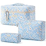 HBselect Quilted Makeup Bag, 3PCS Cotton Large Travel Makeup Bag, Cute Floral Coquette Make up Bag Cosmetic Bag Toiletry Bag for Women Girls