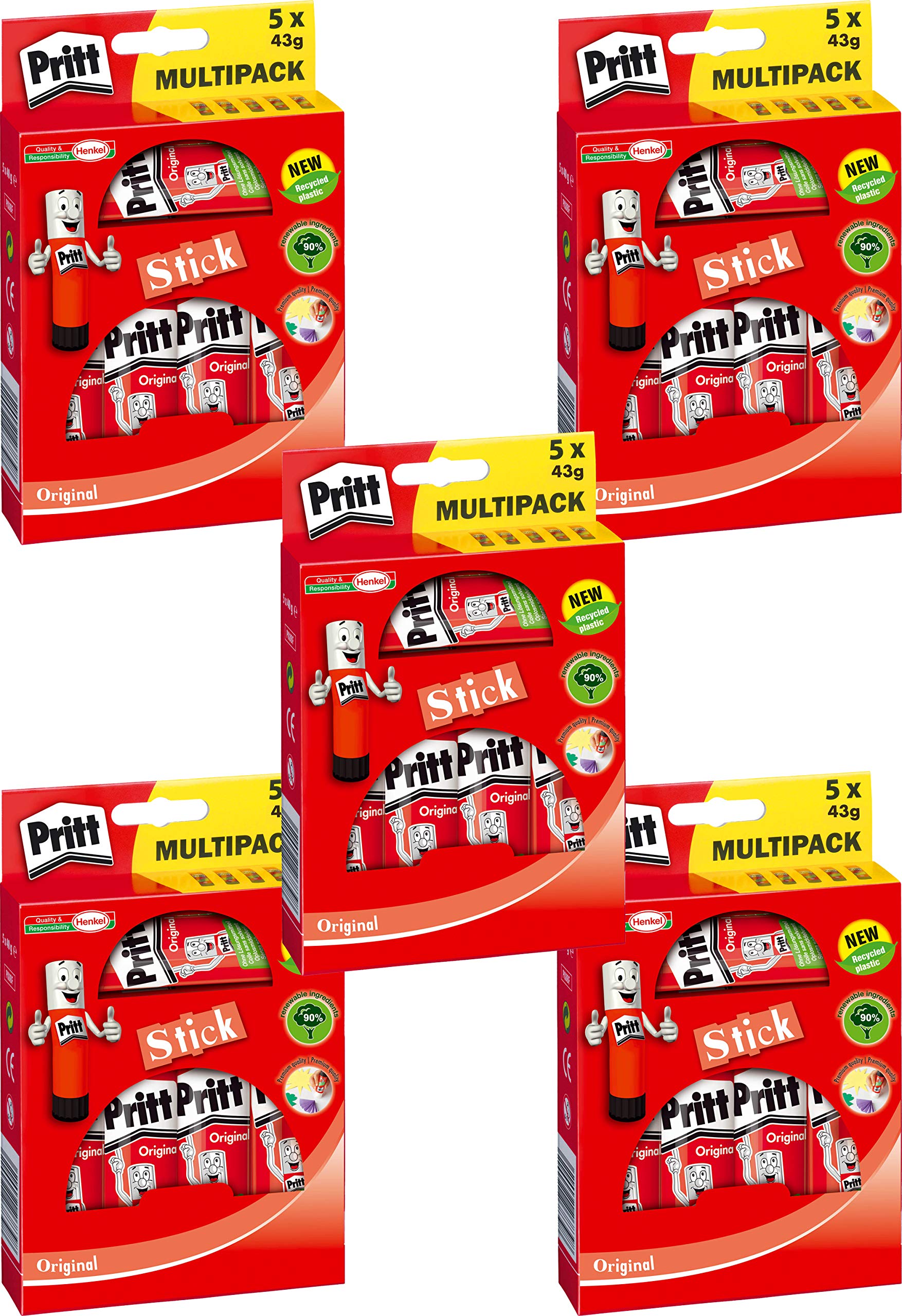 Pritt Klebestift 5 x 43 g, transparent, Klebstoff ohne Lösungsmittel (5,)