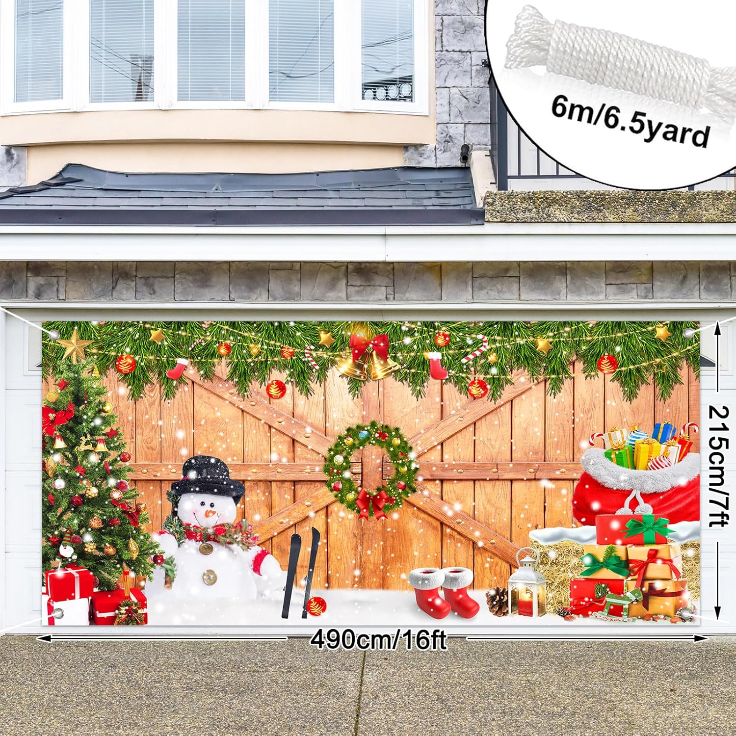 JarThenaAMCS Christmas Garage Door Banner Cover 7 x 16 Ft Xmas Tree Snowman Wood Texture Board Yard Sign Large Backdrop Photo Prop for Winter Indoor Outdoor Home Party Decor