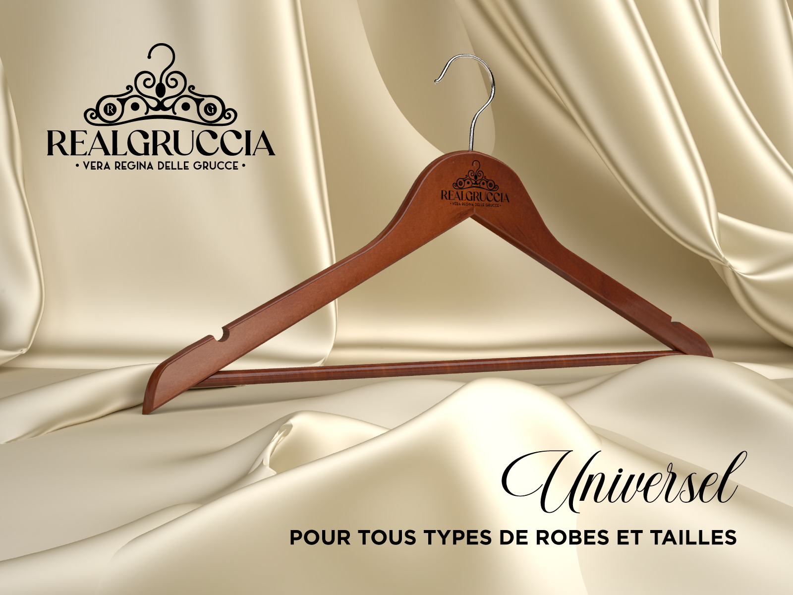 60 Cintres en Bois Adulte pour Chemises Pantalons et Vêtements - RealGruccia Cintre Couleur Marron Clair avec Barre et Encoches Antidérapantes Crochet Pivotant et Profil Biseauté - 22x45cm