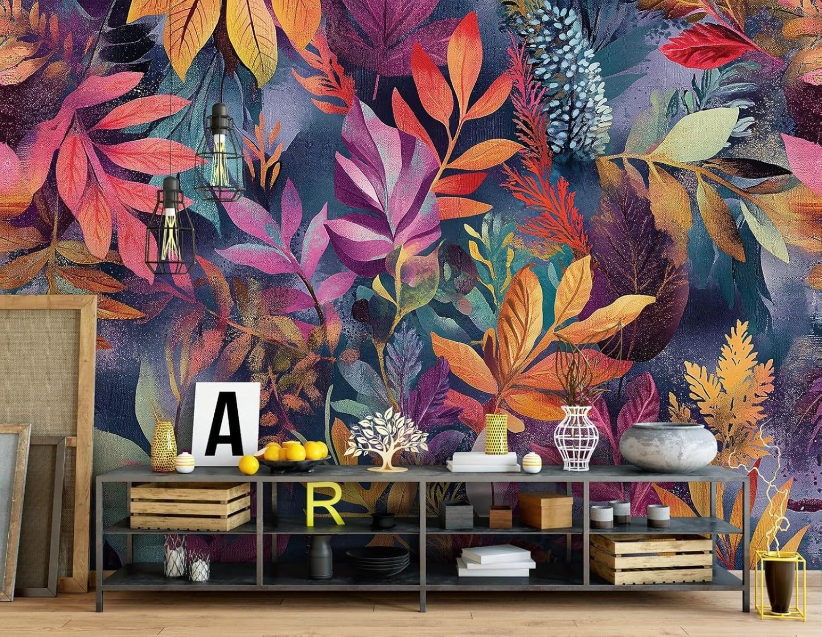 Kfjhgbdshhj 3D Mural Photo Mural-Wallpaper Leaves - For Living Room Bedroom - 3D Effect - Tropical Nature Colourful Purple,350Cmx256cm Poster - Wall Sticker - Frameless Picture