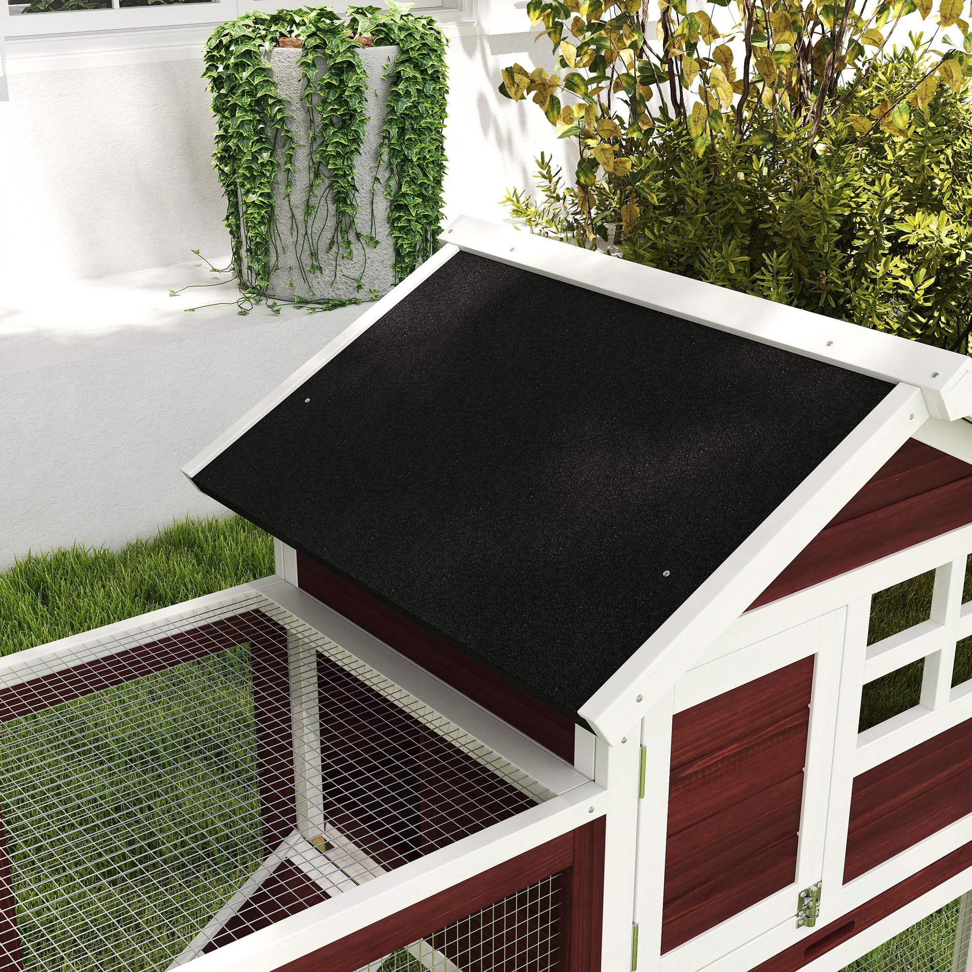 PawHut Kaninchenstall Mehrzweck-Kaninchenstall: obere Nische mit Rampe, Kotplatte, Fenster + sicheres Außengehege 2 Türen 122L x 63l x 92H cm Ziegelrot