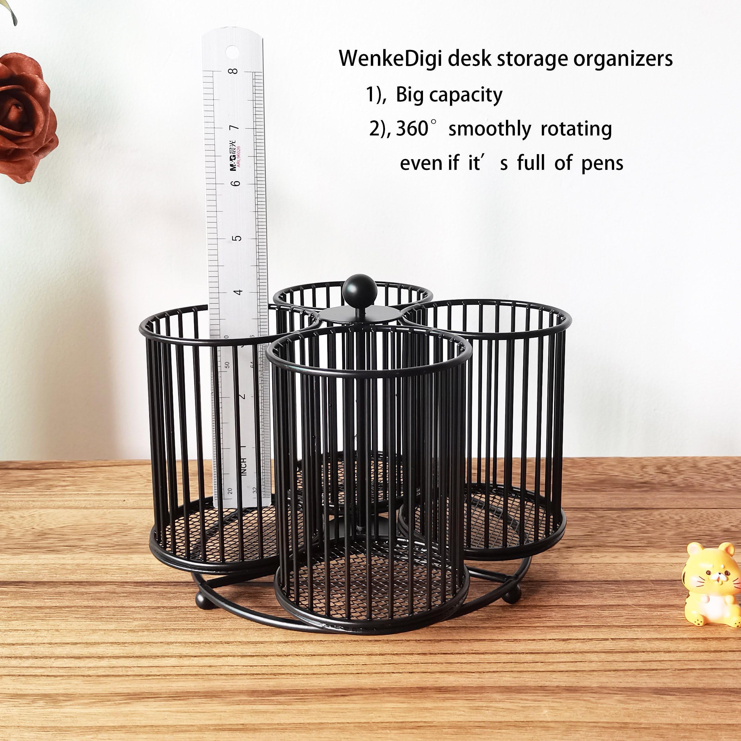 Schwarzer Stifthalter, um 360 Grad drehbarer Stifthalter für Schreibtisch-Organizer, starkes Metall, 4 Tassen, großes Fassungsvermögen, Schreibtisch-Organizer für Büro, Schule, Zuhause,