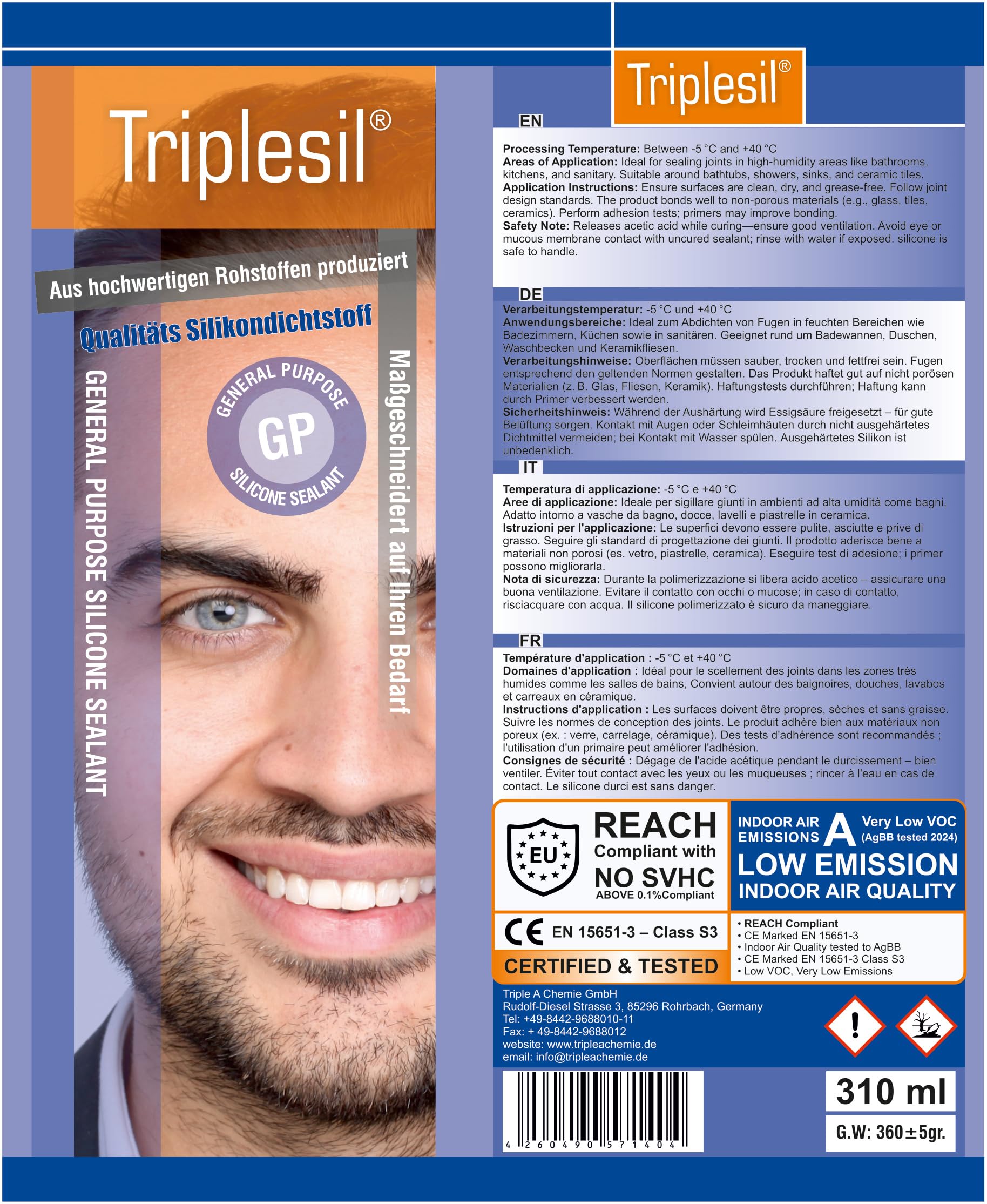 Triplesil Sellador de Silicona-Alta Temperatura 24 x 310 ml Cartucho de Silicona Universal para Baño, Cocina y Bricolaje – Impermeable y Resistente a los Rayos UV – Para Interior y Exterior(24x white)