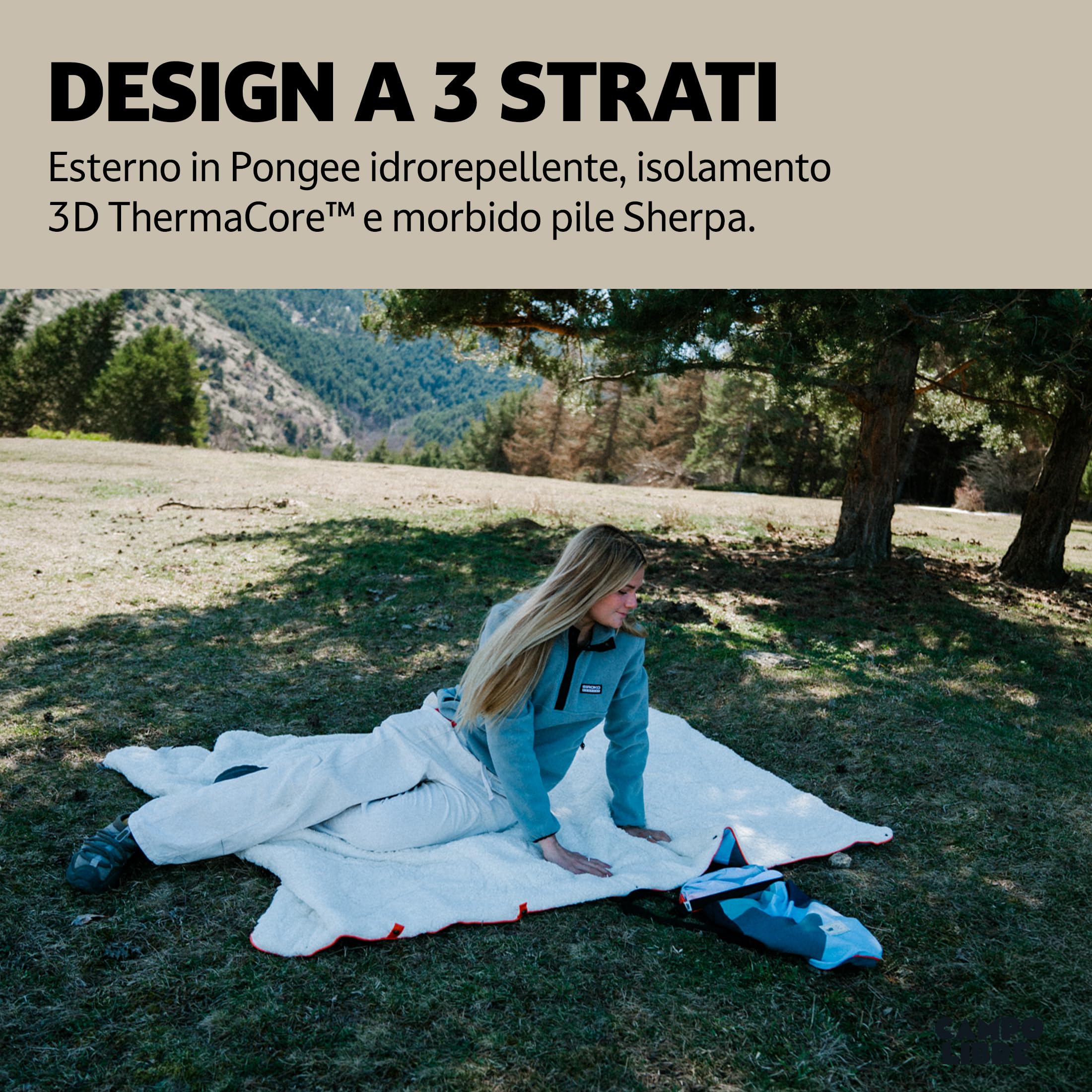 Campo Libre.® WANDA Coperta da Campeggio 4-in-1 – Coperta da Viaggio Multifunzionale, Sacco a Pelo, Cuscino e Poncho, Coperta Termica Outdoor Leggera con Morbido Pile Sherpa. Blu Laguna