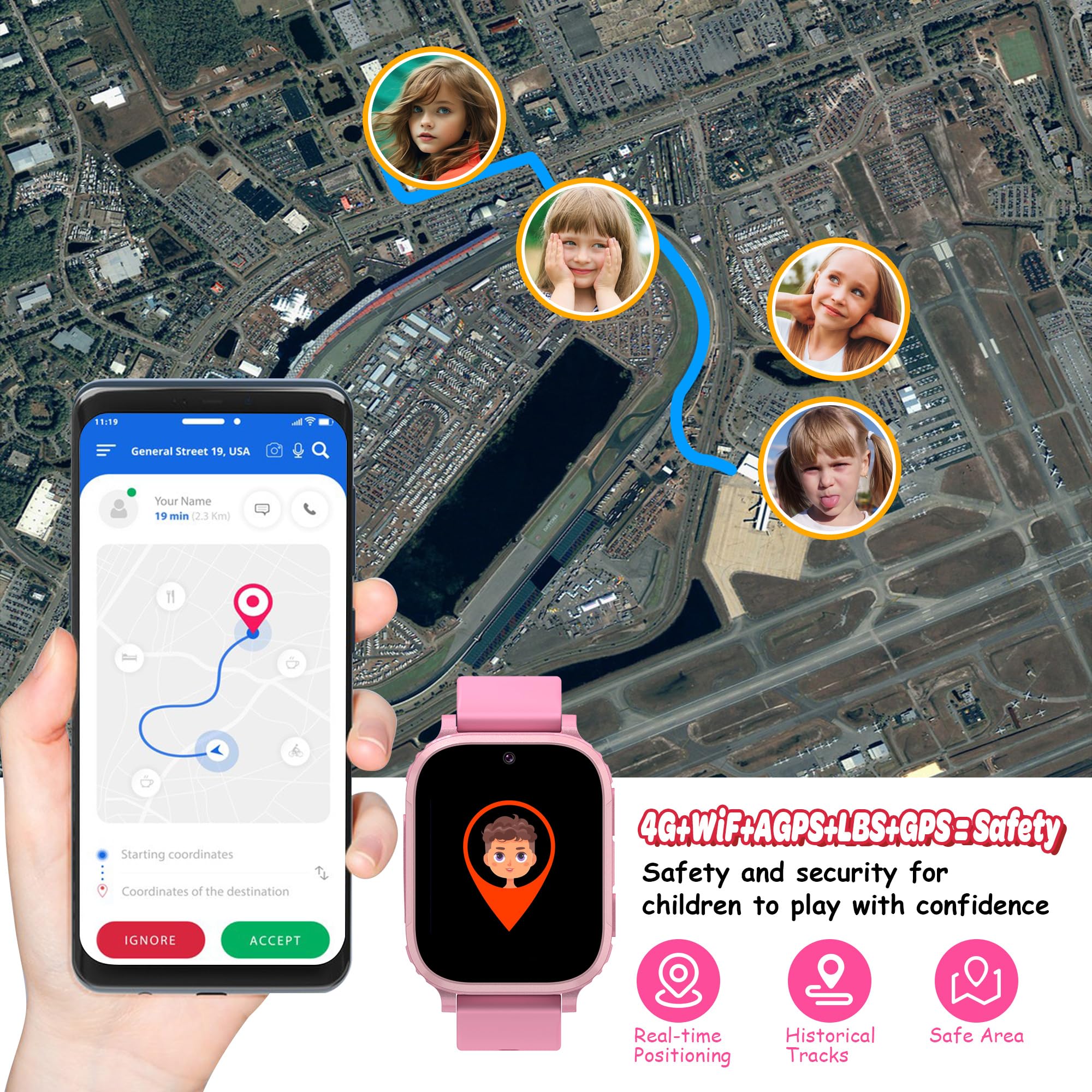 4G Smartwatch Bambini con GPS Videochiamate SOS Regalo Ragazzo Ragazza | posizione in tempo reale, chat familiare, modalità scuola, giochi, sveglia, telefono, sim, ip68, natale e compleanno