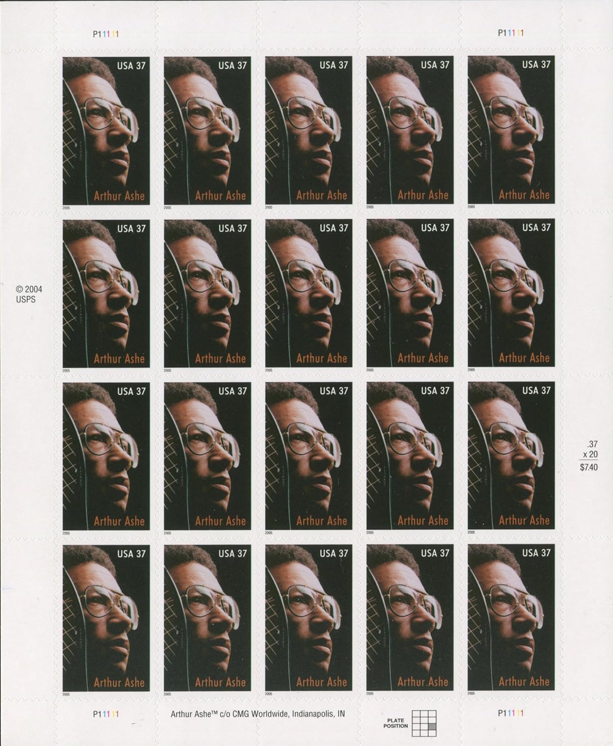 USPS Arthur Ashe (1943-93) Tennis Player (Sheet of 20) 37 Cent Postage Stamps 2005 Scott #3936