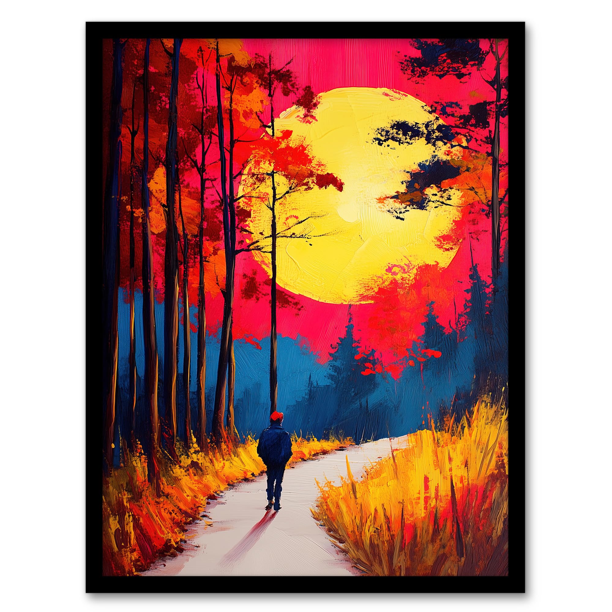 Artery8 Framed Art Print - Autumn Forest Walk Path Hike - Vibrant Sunset Sky - A4 Size - Orange