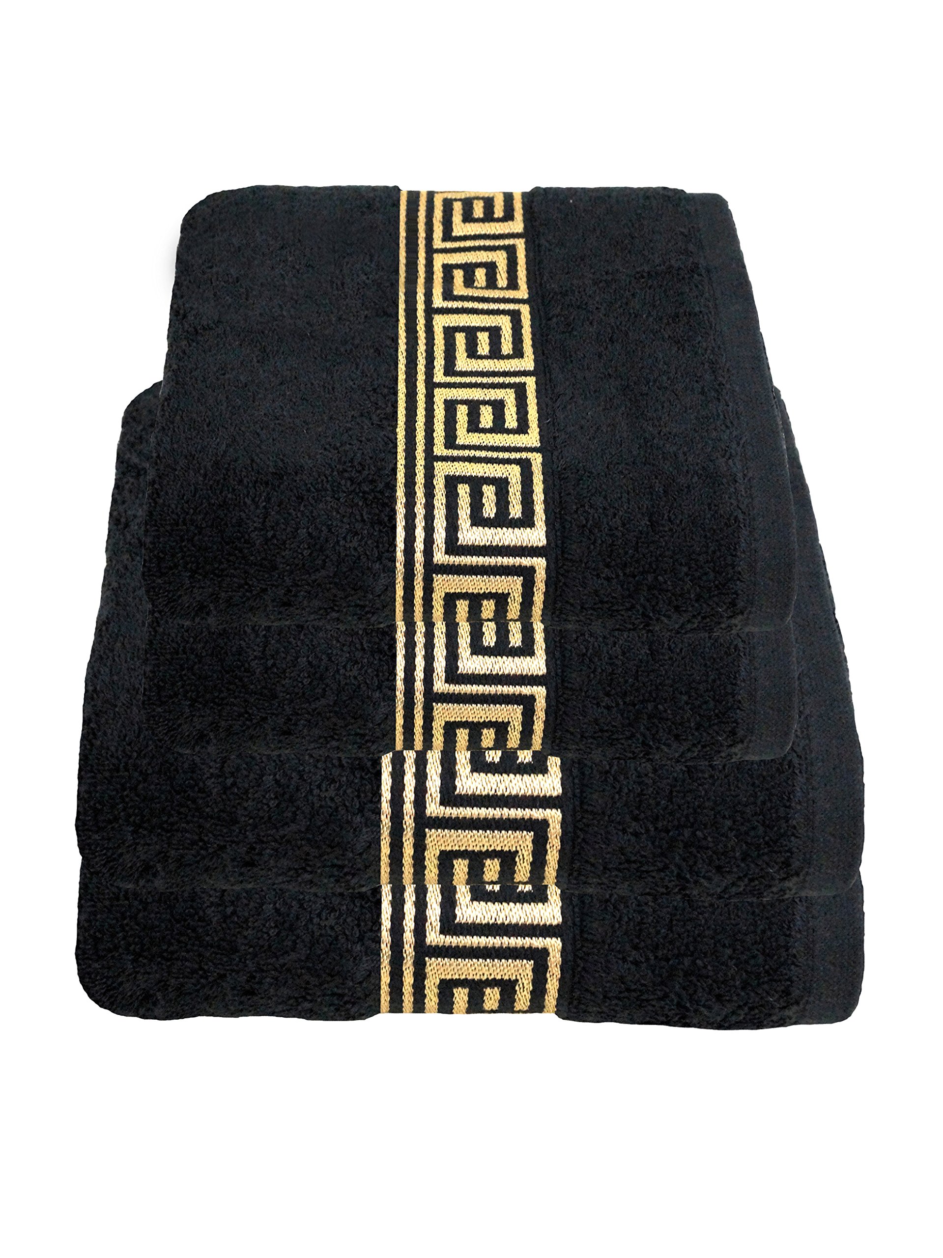 Julie Julsen, Set de serviettes, 2 Serviettes de bain et 2 Serviettes de toilette / Disponibles en 23 couleurs, douces et absorbantes, Coton, noir/or, 50 cm x 100 cm / 70 cm x 140 cm