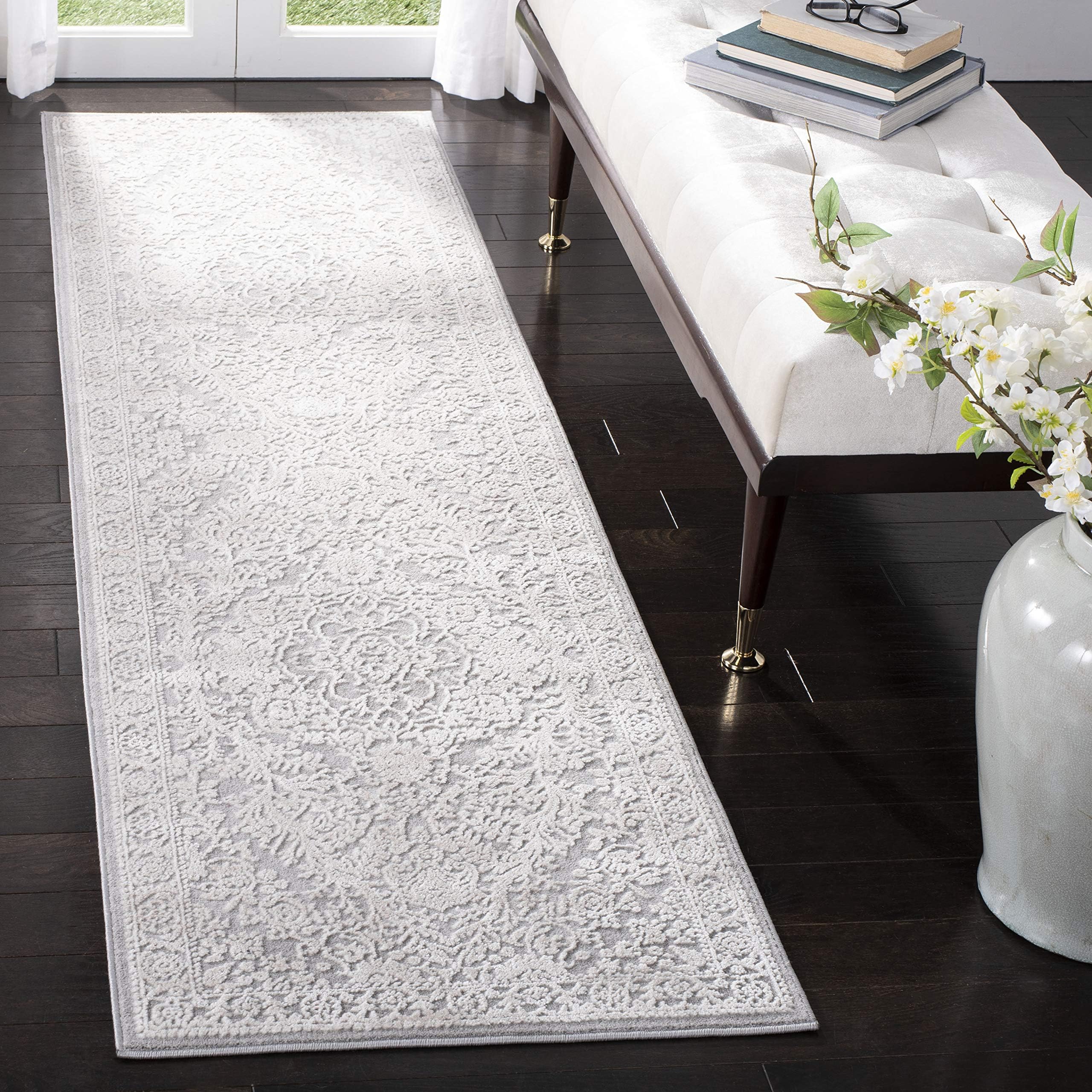 Reflection Collection Runner Rug - 2'3" x 10', Light Grey & Cream, Non-Shedding & Easy Cleaning, Ideal for Living Room, Bedroom (RFT668G)