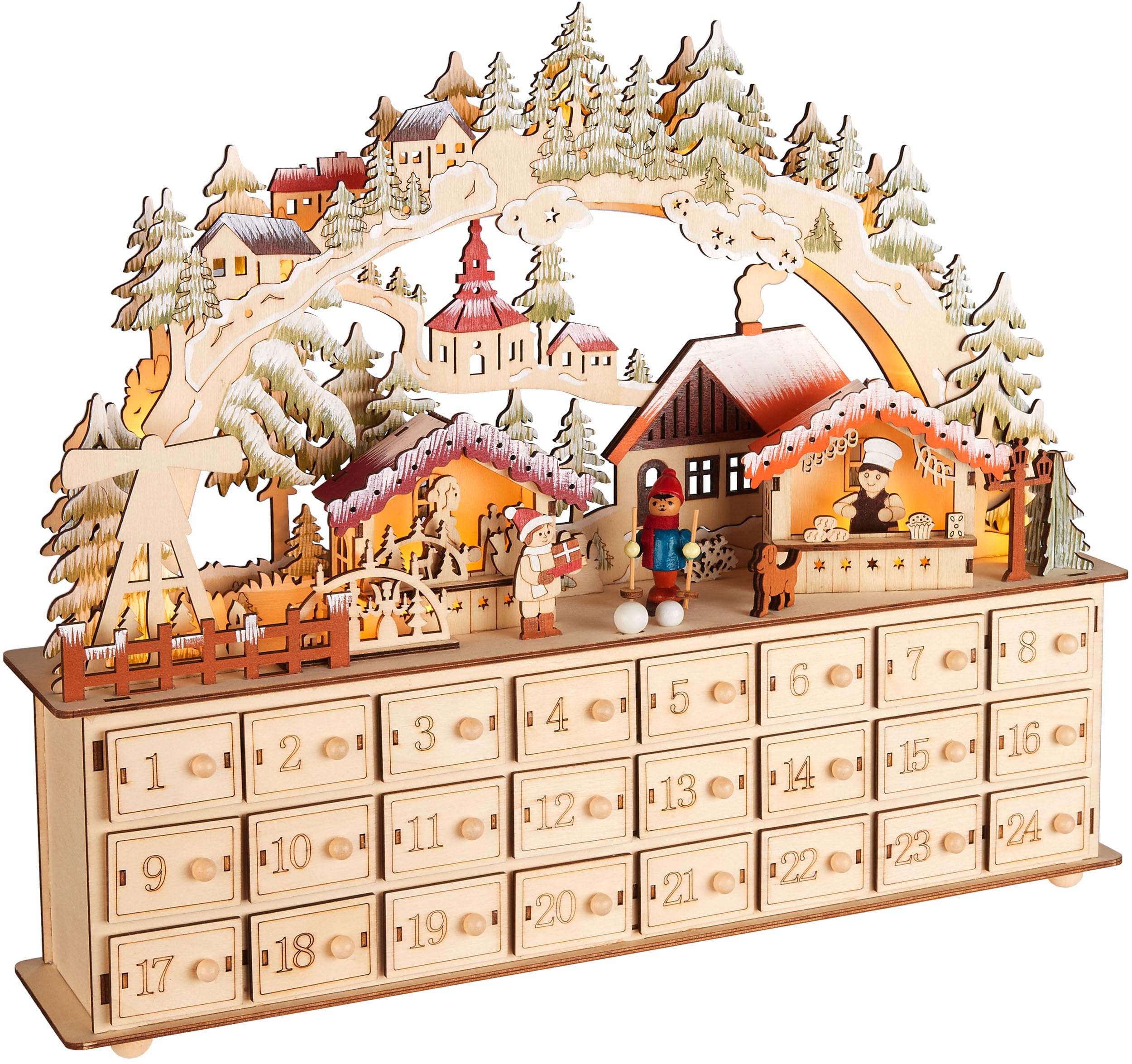BRUBAKER Adventskalender zum Befüllen - Weihnachtsdorf 2026 | Holz Weihnachtskalender mit LED Beleuchtung - Dorf mit Kindern, Bäckerei, Hund & Wald - 40 cm Kalender mit Bogen - Beleuchtet