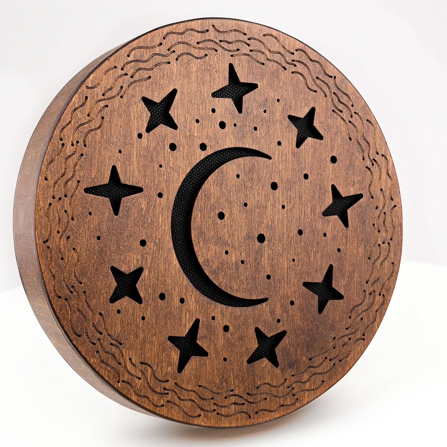 Rain Disc, 8.6 Inch (22 cm) Wooden Ocean Drum, Sound Healing Instrument for Meditation, Yoga & Relaxation, Moon, Stars & Woman Design