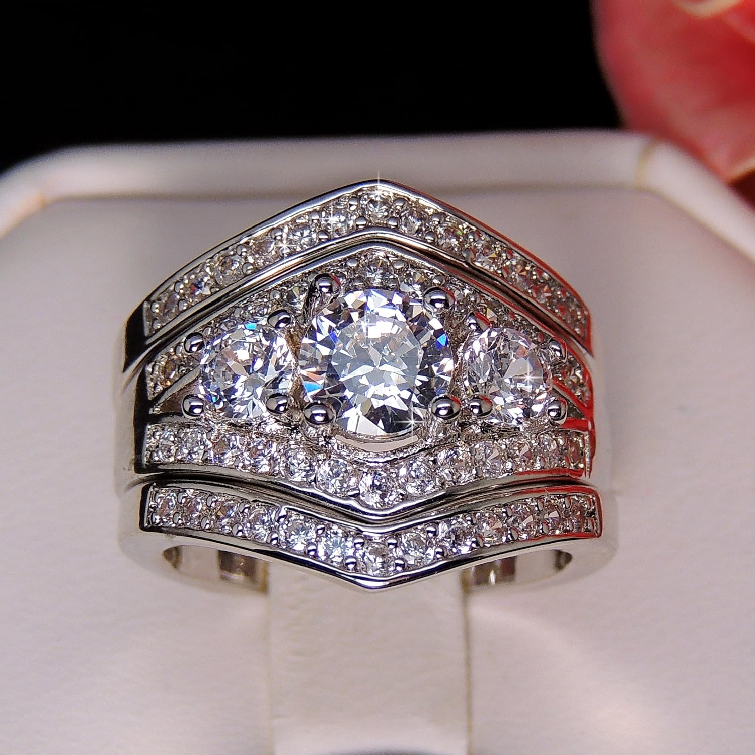 Leah II Wedding Ring Set for Women by Ginger Lyne | 3 Pcs Engagement Ring with 2 Matching Wedding Bands for Her| Bridal Jewelry for Wife or Girlfriend Size 8