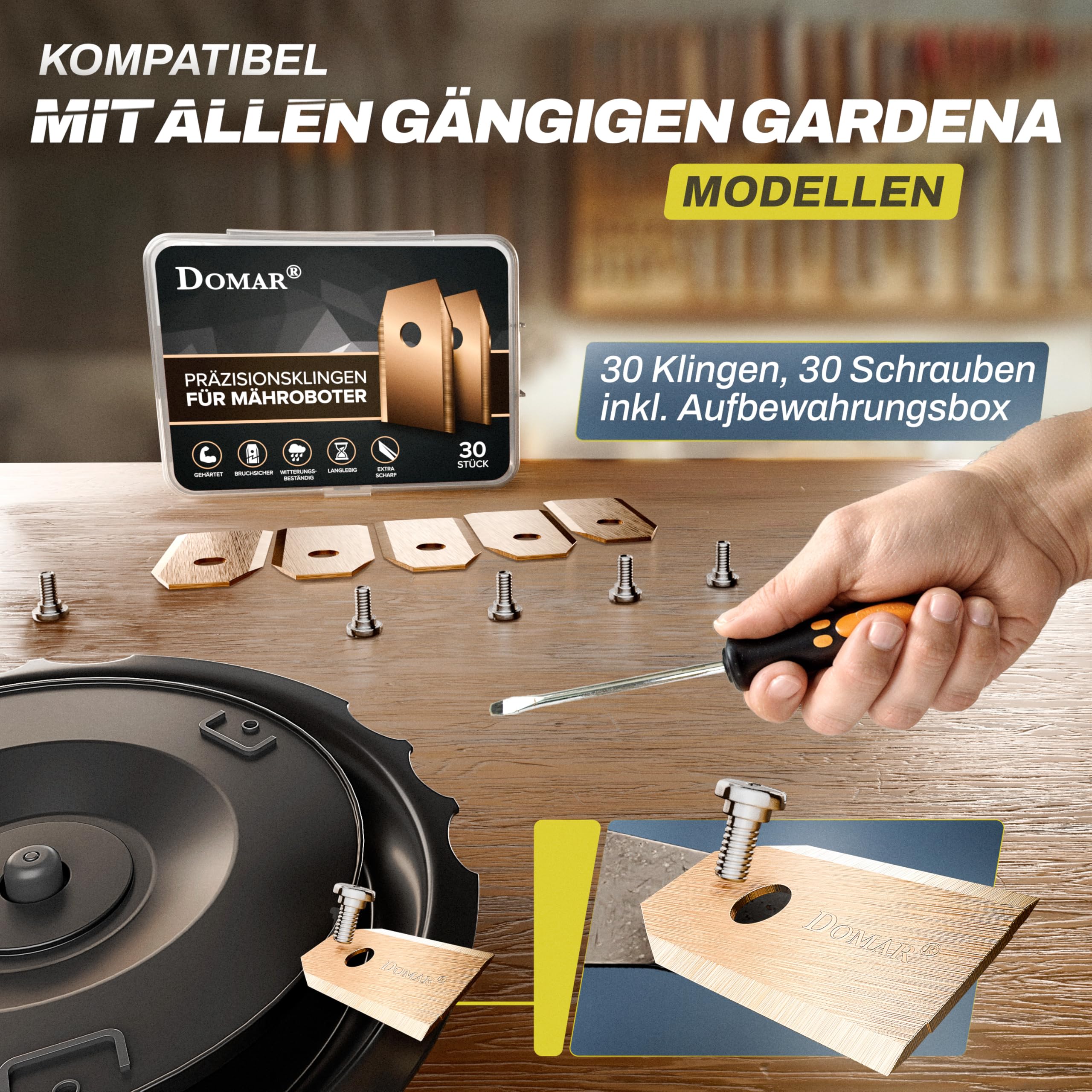 Langlebige Mähroboter Messer inkl. Schrauben I Verbesserte Messer kompatibel mit Rasenrobotern von Husqvarna Automower, Gardena, Yard Force I 30 Ersatzmesser Klingen