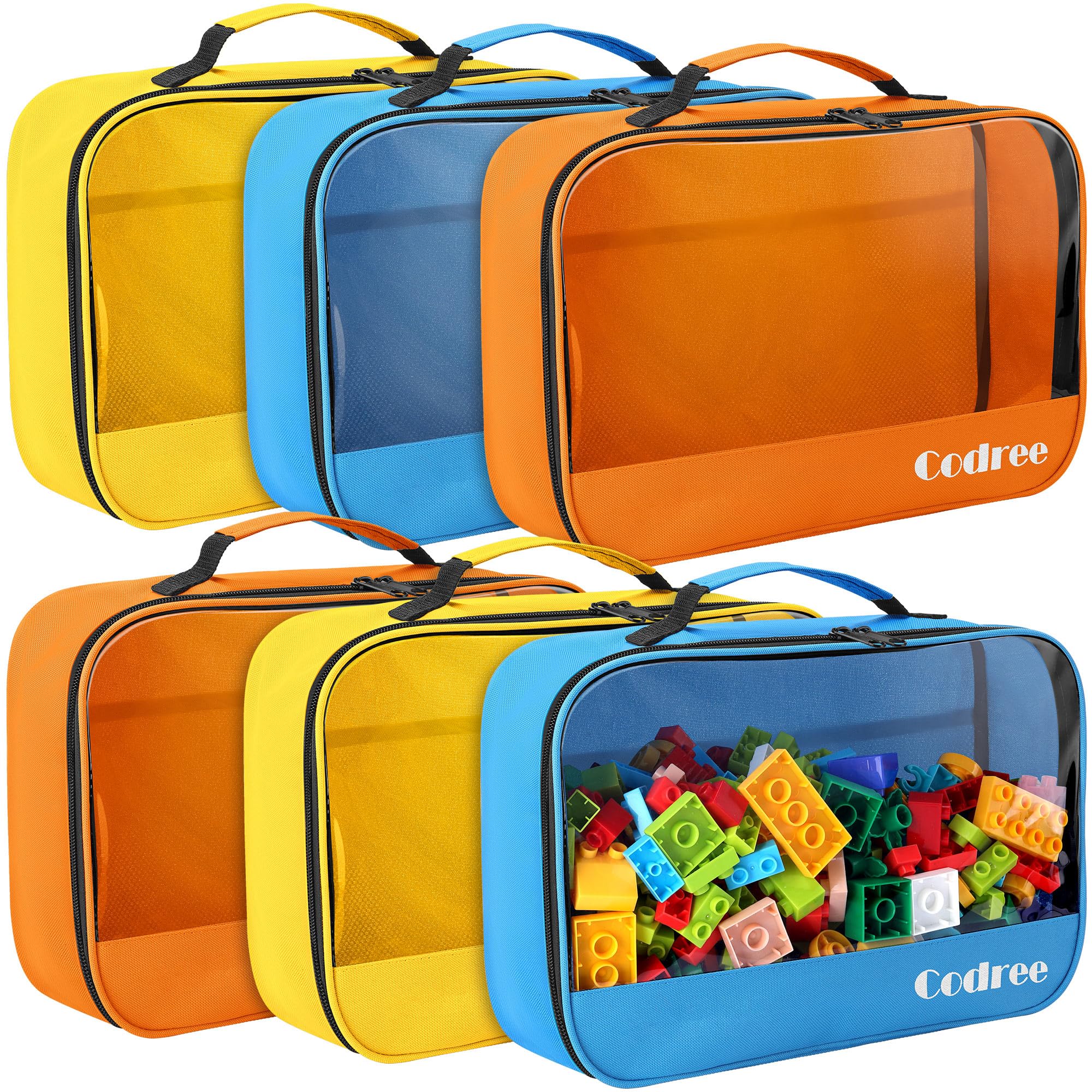 codree Confezione da 6 sacchetti grandi per giocattoli, 33 x 21 x 9,9 cm, in tessuto Oxford, visibili, con cerniera, impermeabili, da viaggio, organizer per giocattoli da costruzione, piccoli